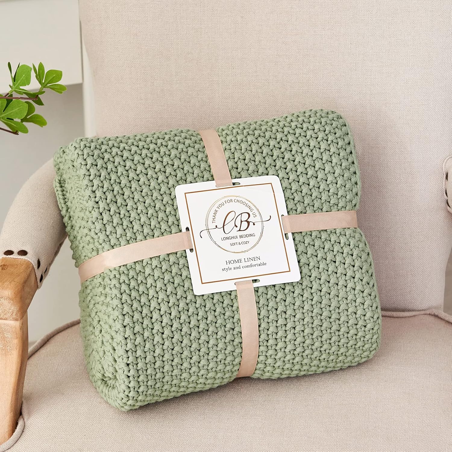 Manta de punto trenzado grueso, ligera, color verde claro, 100% algodón orgánico, para sofá, cama, guardería, rústico, shabby chic, casa de campo