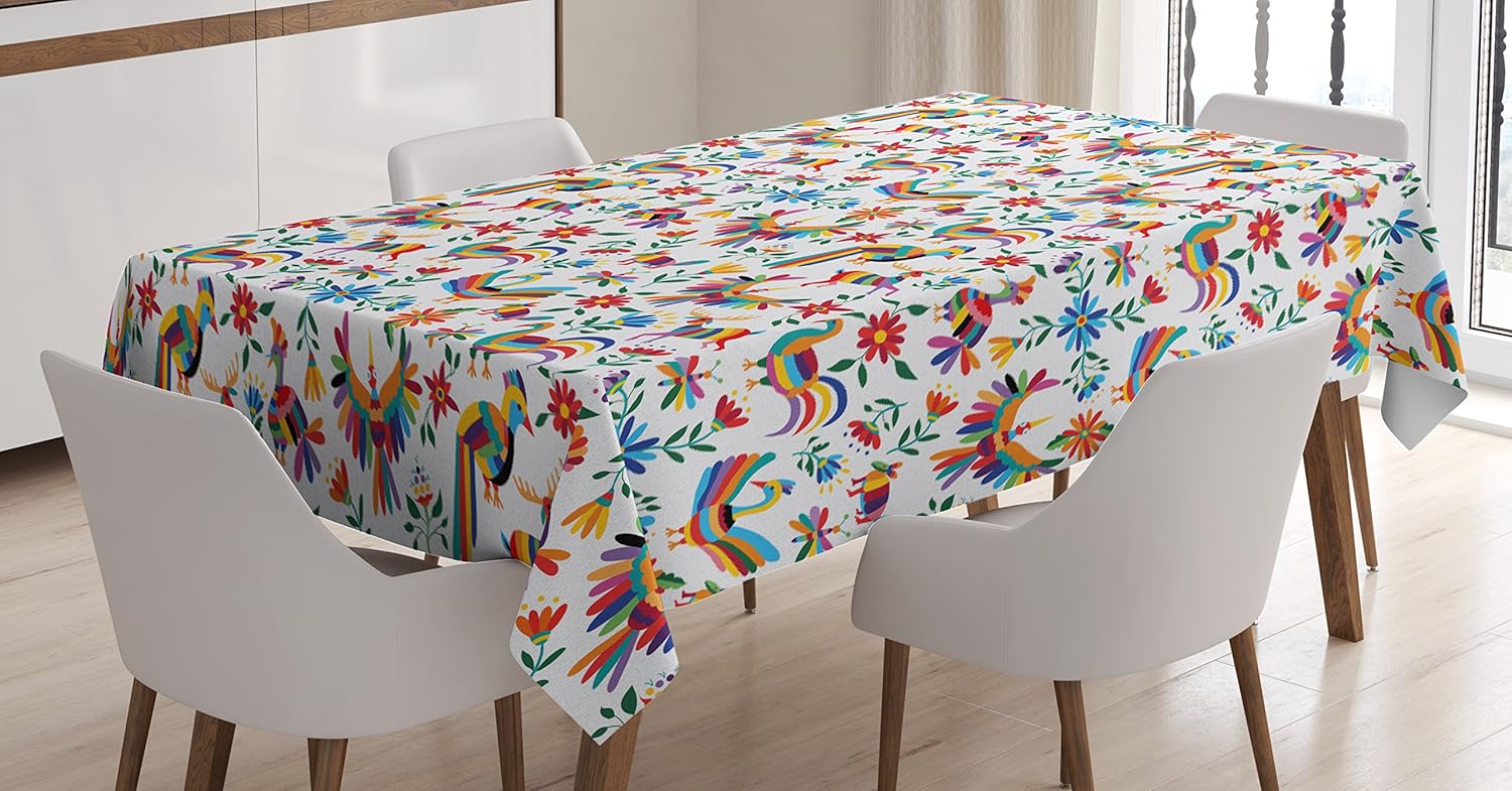 Ambesonne Mantel mexicano, diseño tradicional de arte latinoamericano con inspiraciones naturales, flores y pájaros, mantel rectangular para comedor