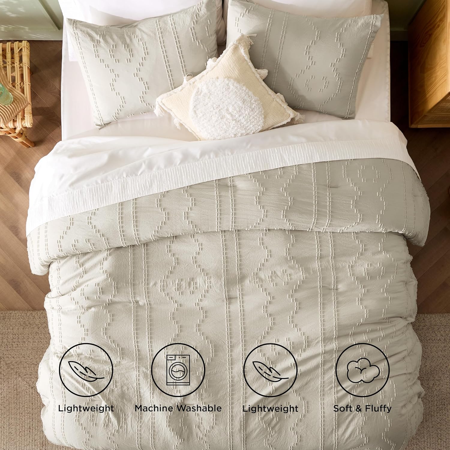 Bedsure Juego de edredón bohemio tamaño Queen  Juego de edredón copetudo beige de 3 piezas, juego de cama bordado estilo rústico y elegante, edredón