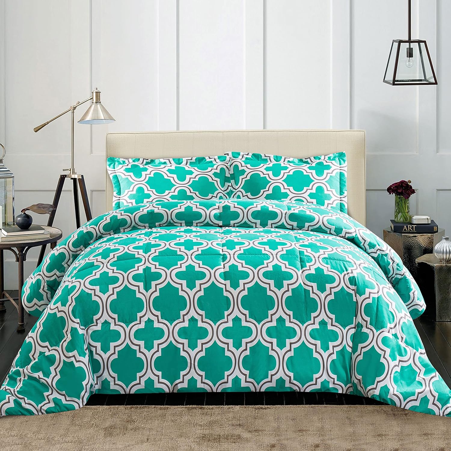 Superior Juego de edredón enrejado con fundas de almohada, microfibra lujosa y suave con relleno alternativo de plumón, diseño geométrico