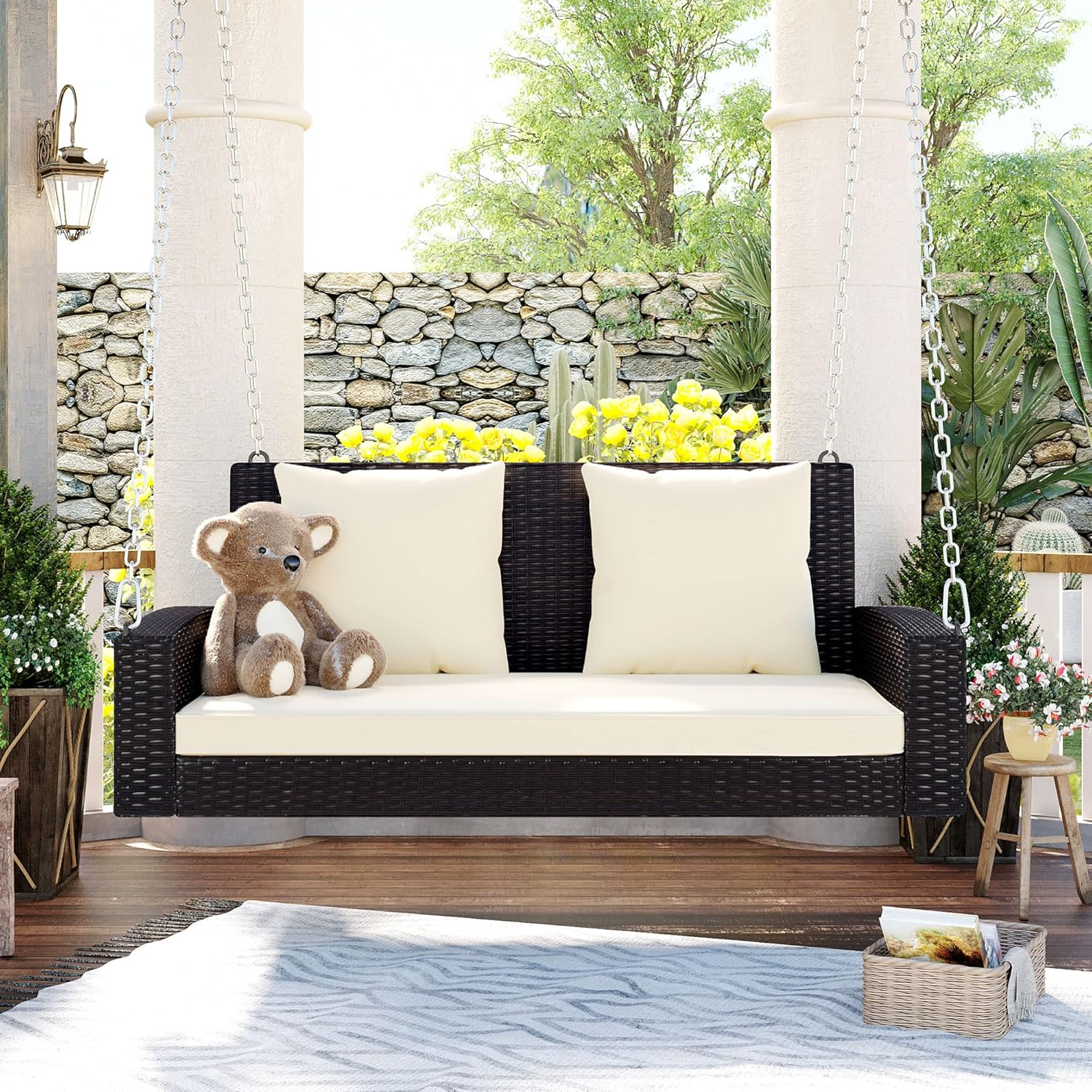 Silla columpio para patio al aire libre para 2 personas con cadenas de acero, sofá biplaza colgante tejido de ratán al aire libre con cojín y