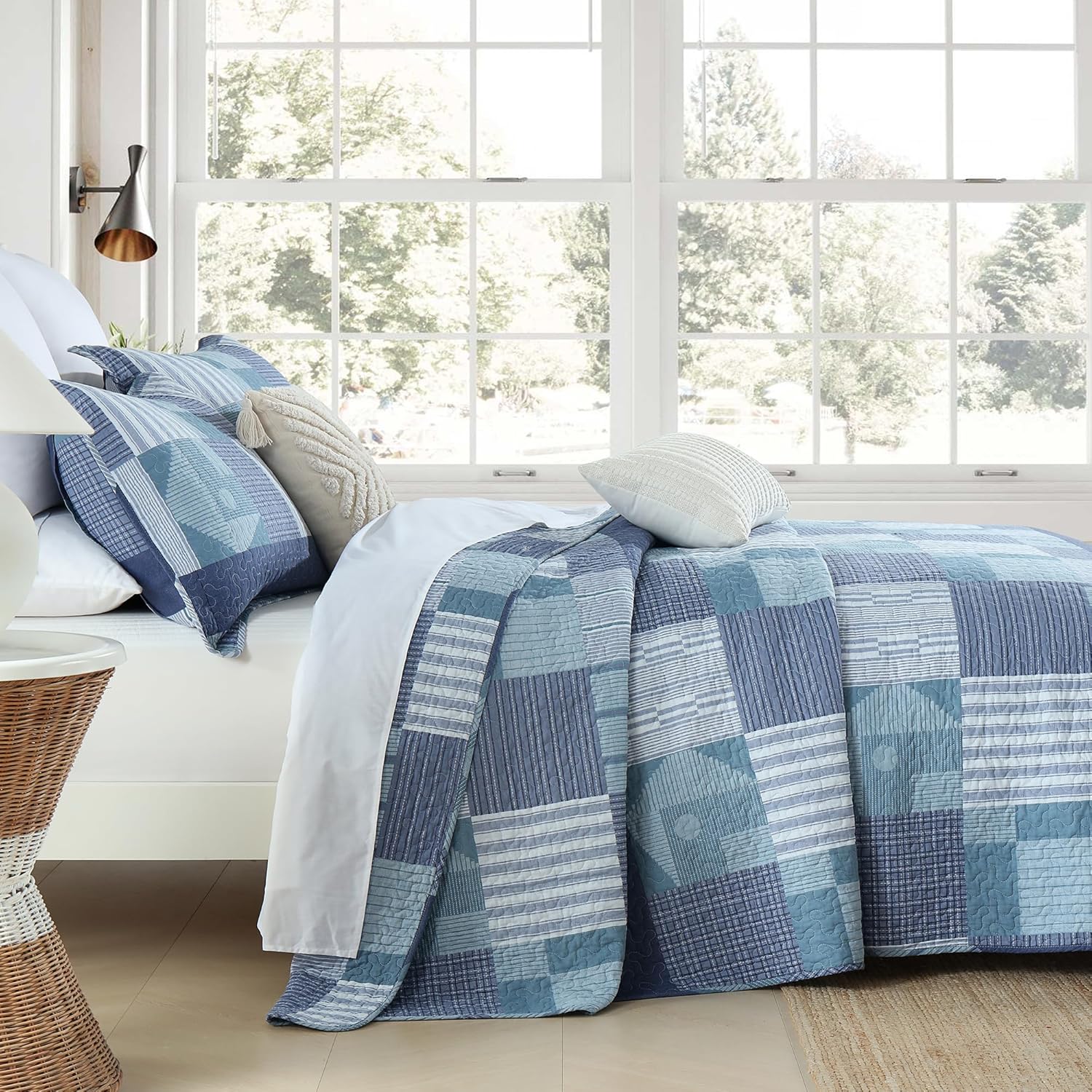 Homzard Juego de edredón de tamaño Queen – Juego de edredón 100% algodón a cuadros azules, juego de ropa de cama tamaño Queen, colcha ligera de