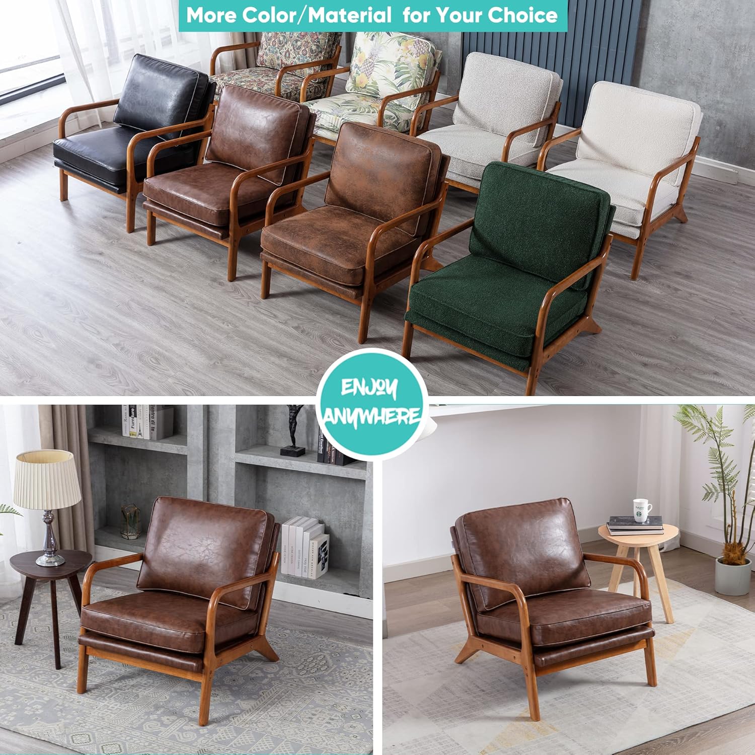 JOYBASE Sillón con brazos, silla decorativa moderna de mediados de siglo, sillón con marco de madera para sala de estar, dormitorio (marrón, cuero