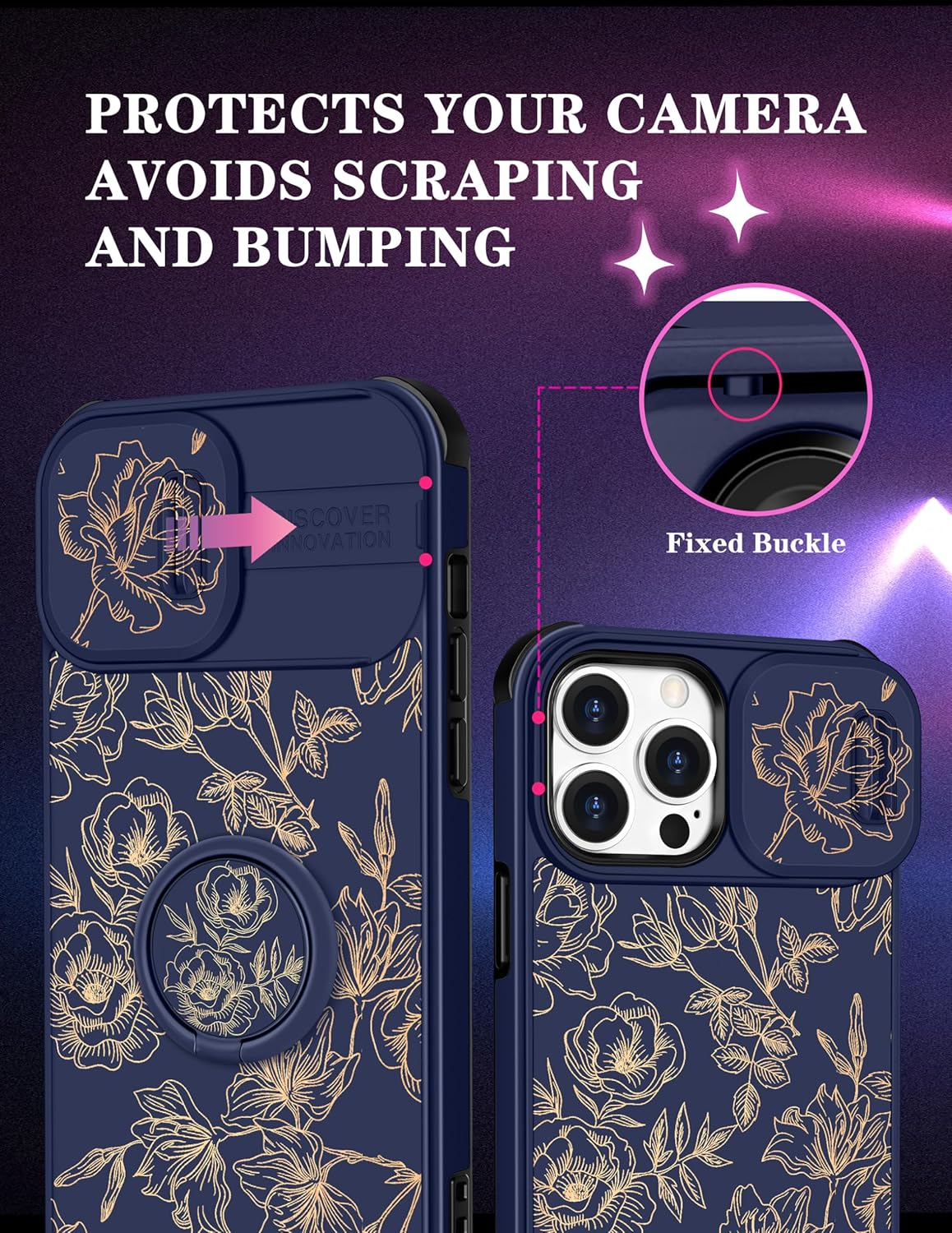 Goocrux Funda 2 en 1 para iPhone 15 Pro Max con flores florales para mujeres y niñas, bonita funda femenina con diseño de flores doradas con