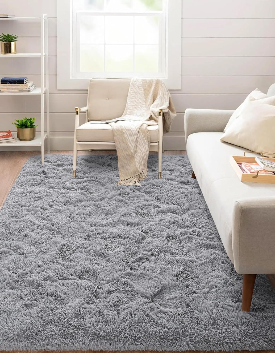 Alfombra de dormitorio gris de 4 x 6 pies, esponjosa para dormitorio, alfombra suave, alfombra de área grande, alfombra lavable y antideslizante,