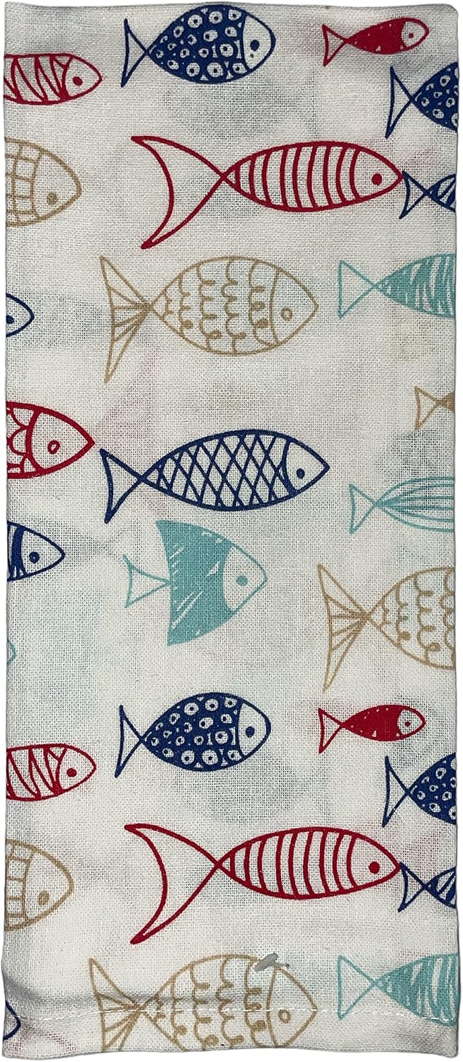 Juego de 4, 100% algodón, diseño de peces náuticos costeros, juego de toallas de cocina, incluye 2 toallas de cocina, 1 soporte para ollas y 1 horno