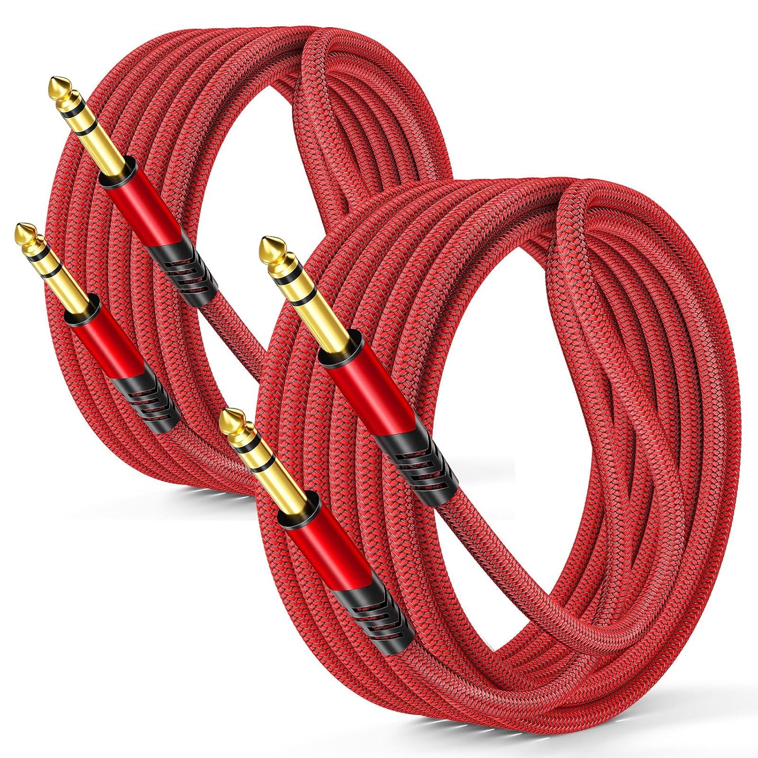Canjoy Cable de instrumento TRS de 14 de pulgada, paquete de 2 cables de guitarra de 10 pies, macho de 0.250 in a 0.250 in, cable AMP para guitarra
