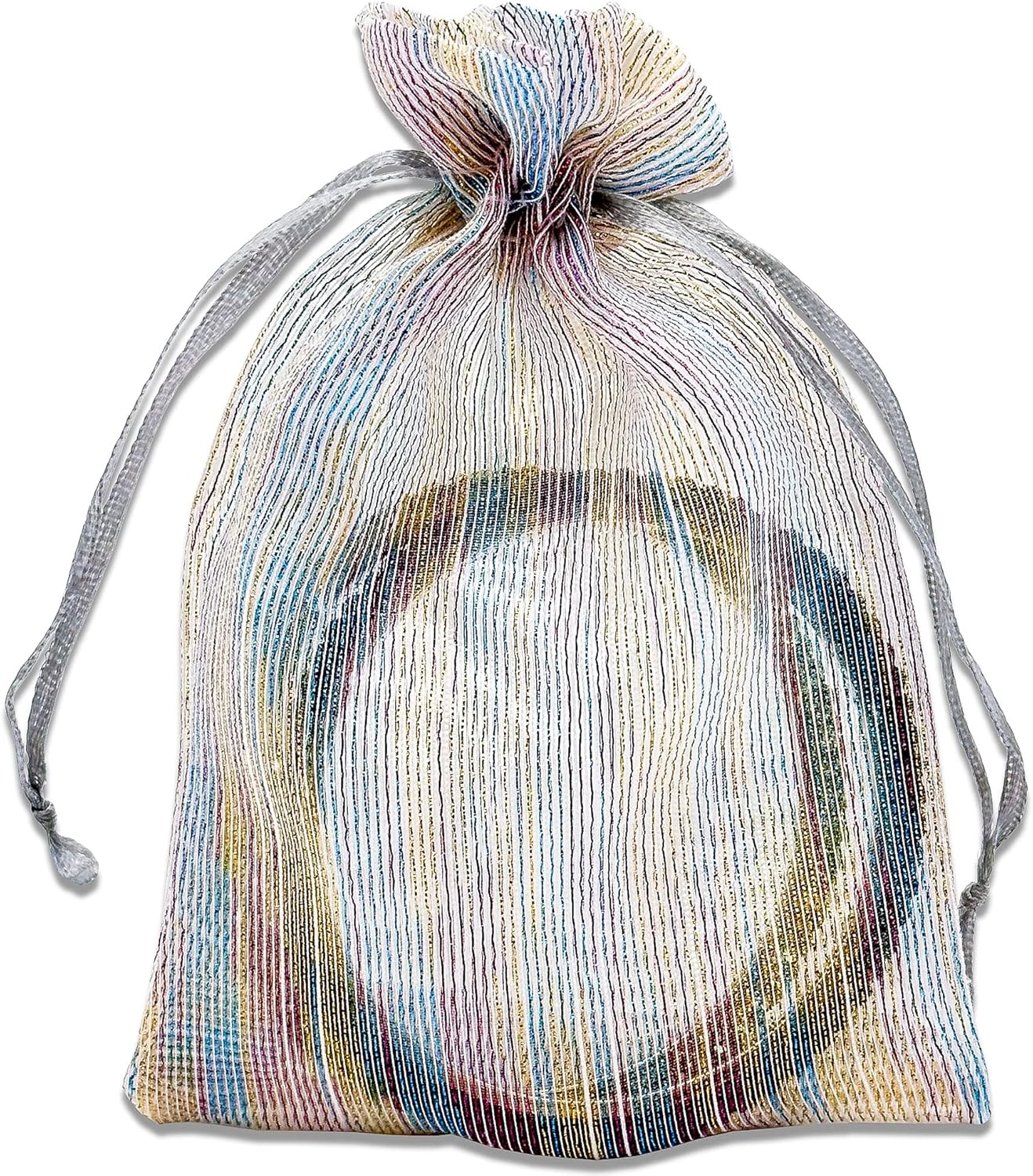 TheDisplayGuys – Paquete de 24 bolsas de regalo de organza de tejido a rayas con cordones, tamaño mediano de 5 x 6 pulgadas, iridiscente, para