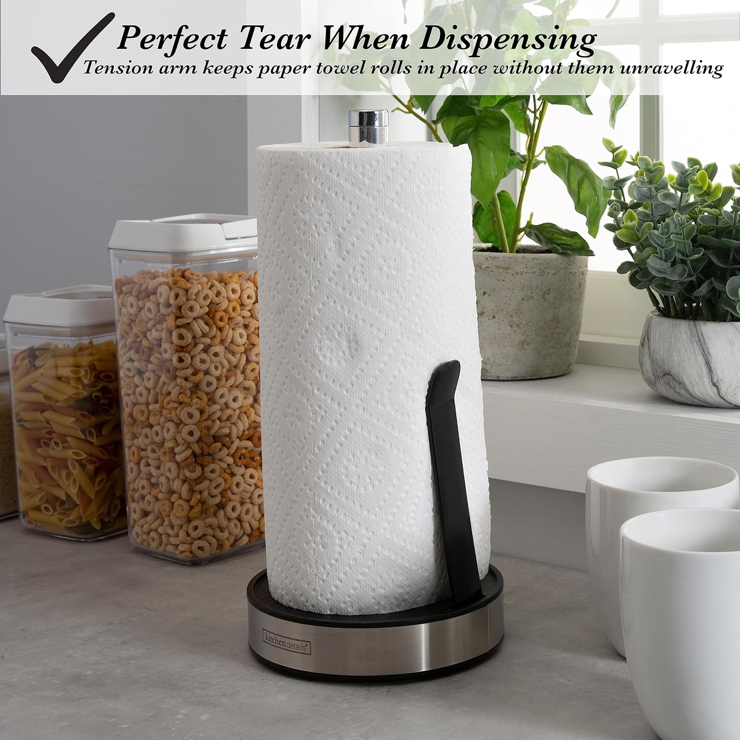 Kitchen Details Easy Tear – Dispensador de toallas de papel de lujo con brazo de suspensión, de pie, encimera, capacidad para 1 rollo gigante, color