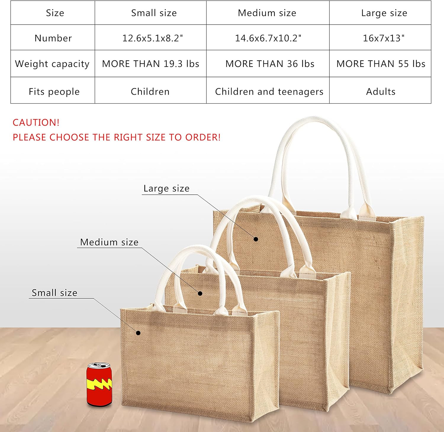 Bolsas de playa de yute, 14.5 x 6.7 x 10.2 pulgadas, paquete de 6 bolsas de arpillera con asas, bolsas de comestibles Resuabale, bolsas de dama de