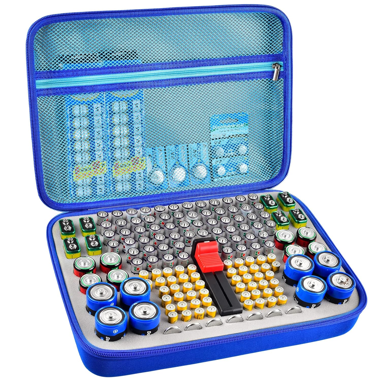 Organizador de baterías, caja de contenedores de almacenamiento de baterías con comprobador de batería compatible con AA AAA 9V C D litio 3V LR44