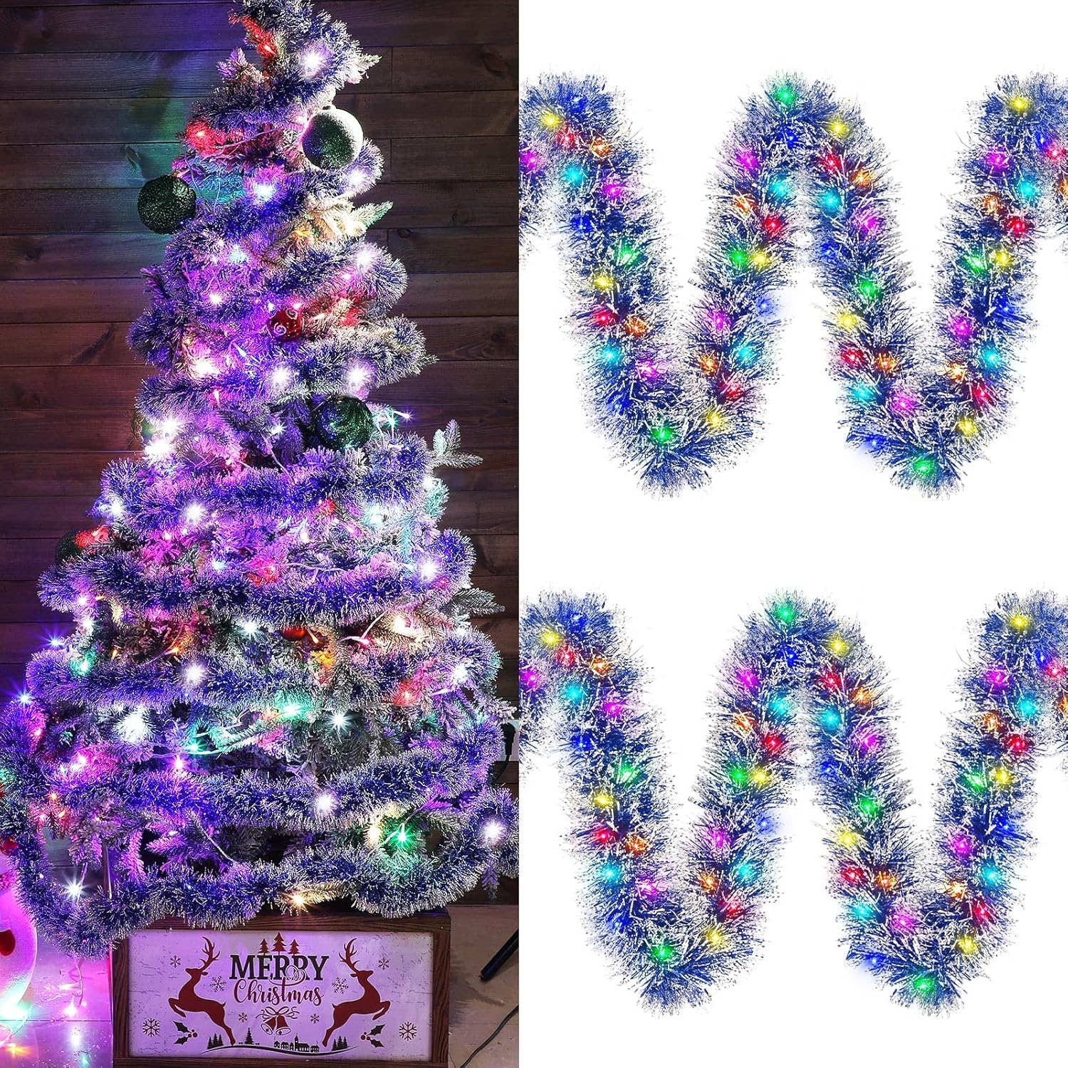Guirnalda de oropel de Navidad de 100 pies con enchufe, 300 luces LED, guirnalda metálica para colgar, guirnalda de Navidad con luces multicolor