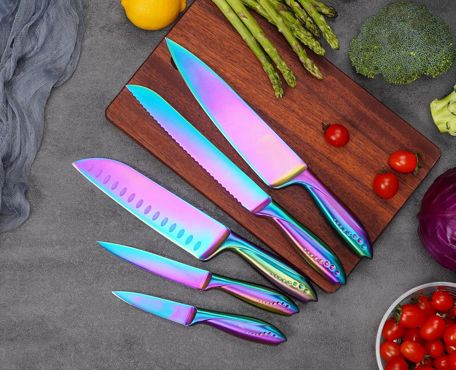 Hollory Rainbow – Juego de cuchillos de cocina de 5 piezas, hoja de acero inoxidable alemán súper afilada con chef de 8 pulgadas, pan de 8 pulgadas,