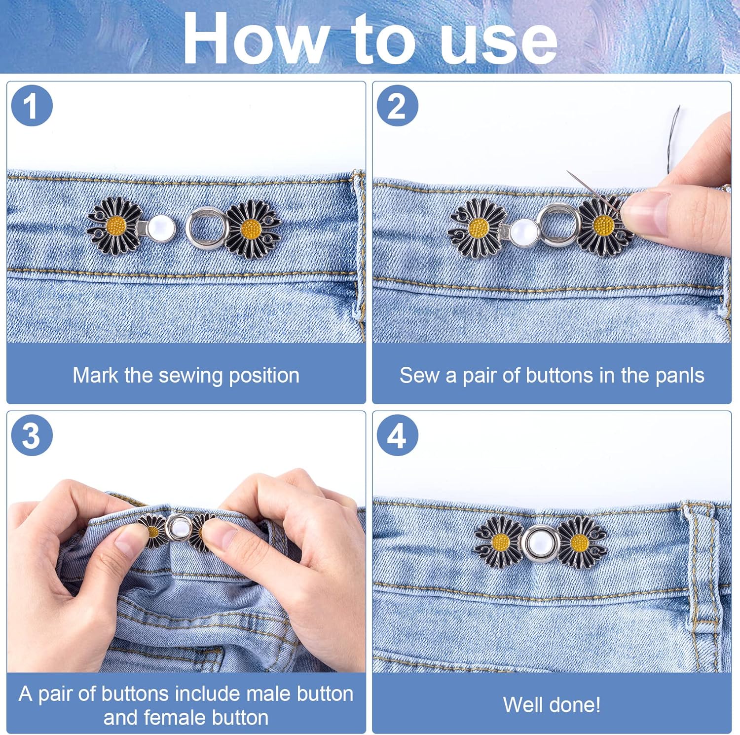 OIIKI Tensor de botones de jeans ajustable, 7 piezas, botones de mezclilla, alfileres de vestir, hebillas de ajuste de cintura, botones de