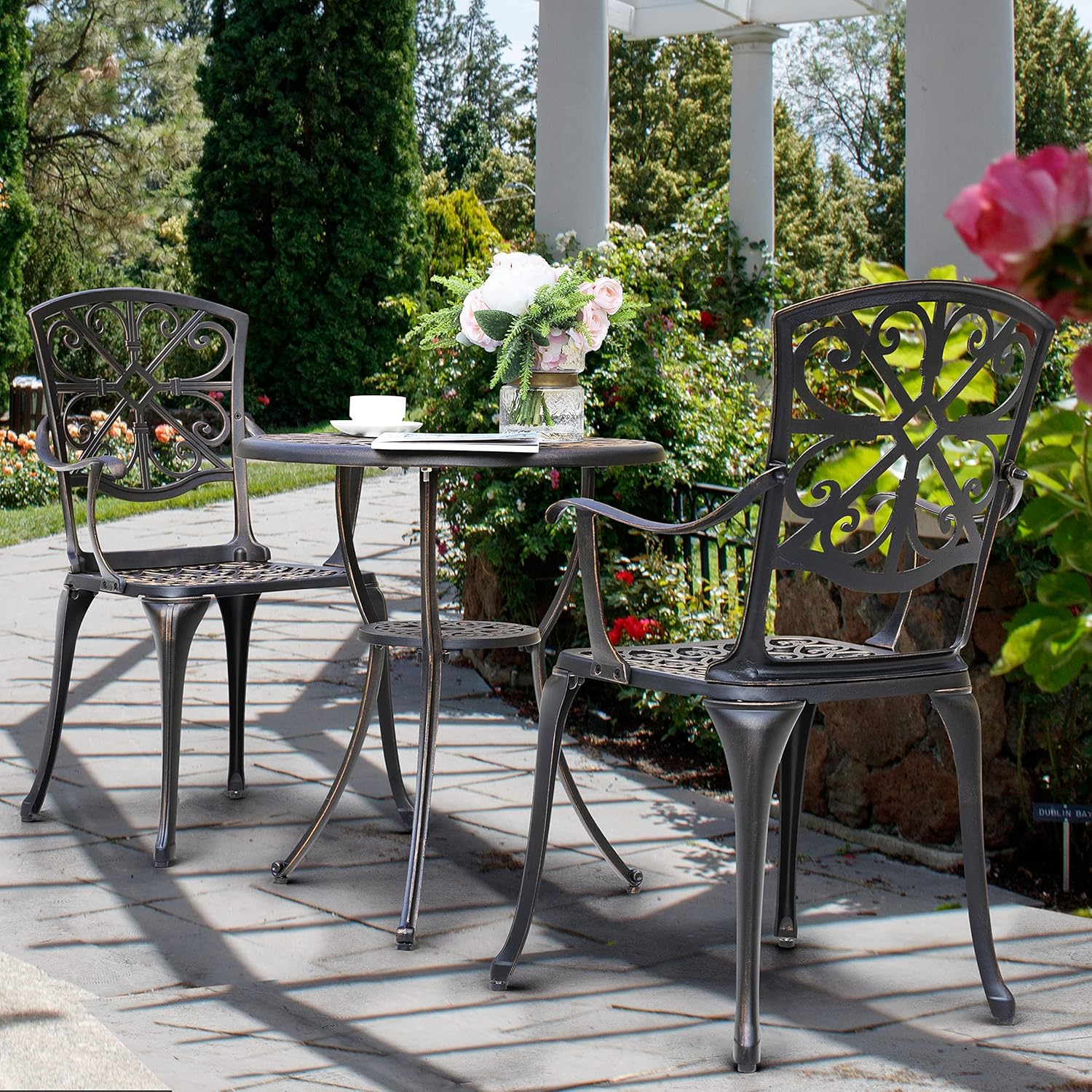 NUU GARDEN Bistro – Juego de 3 piezas para exteriores de aluminio fundido para todo tipo de clima, juego de mesa y sillas de patio con agujero para
