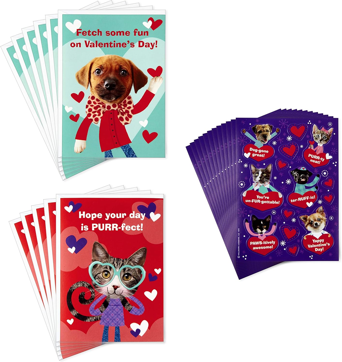 Hallmark Surtido de tarjetas y calcomanías para el día de San Valentín para niños, cachorros y gatitos (12 tarjetas con sobres)