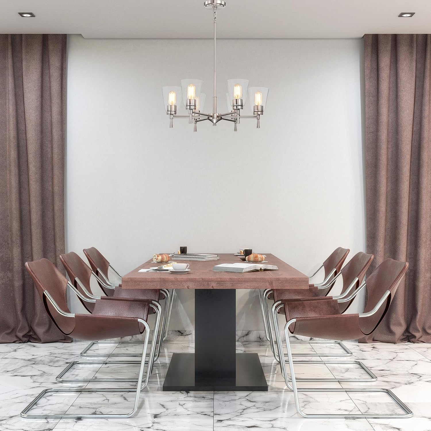 Edvivi Briarwood – Candelabro de níquel cepillado con pantallas de cristal de cono transparente, 6 luces modernas colgantes industriales para isla