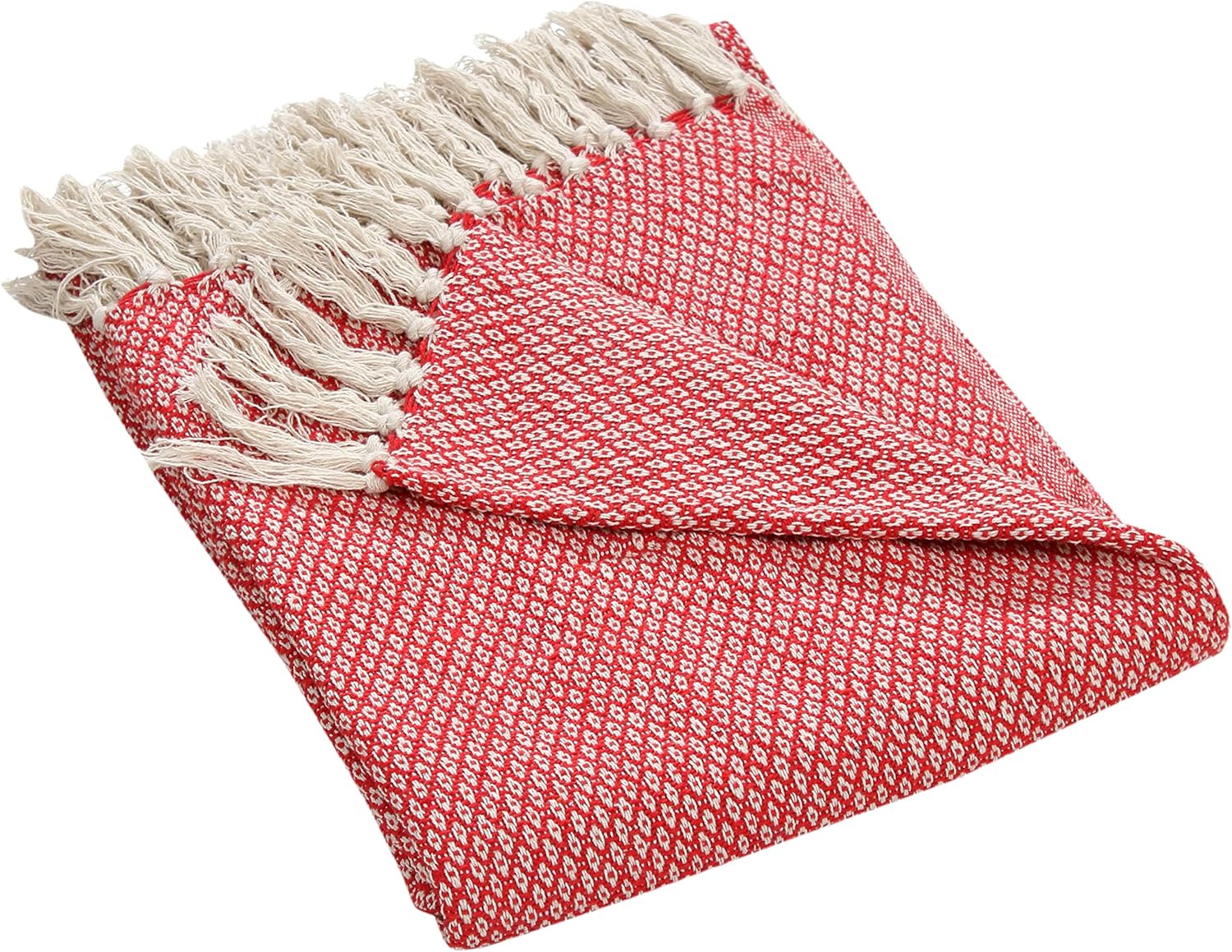 DEKORASI 100% Cotton Diamond Pattern Eco-Friendly Organic Throw Blanket for Couch with Fringes – Red & White  Cozy Lightweight Accent for Couch,