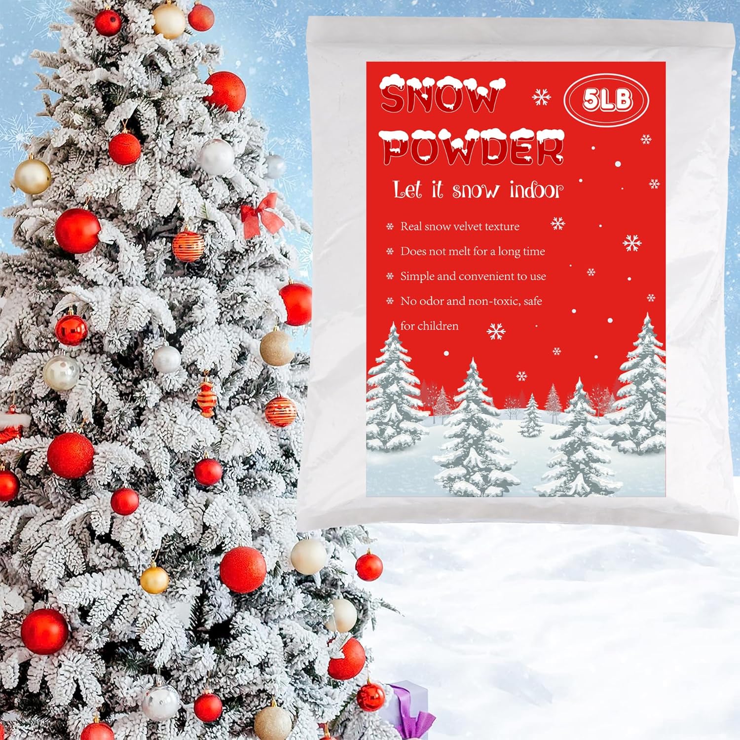 Decoraciones de Navidad, polvo flocado de nieve de 5 libras, rebaño de nieve autoadhesivo para árbol de Navidad, bandada de nieve blanca falsa para