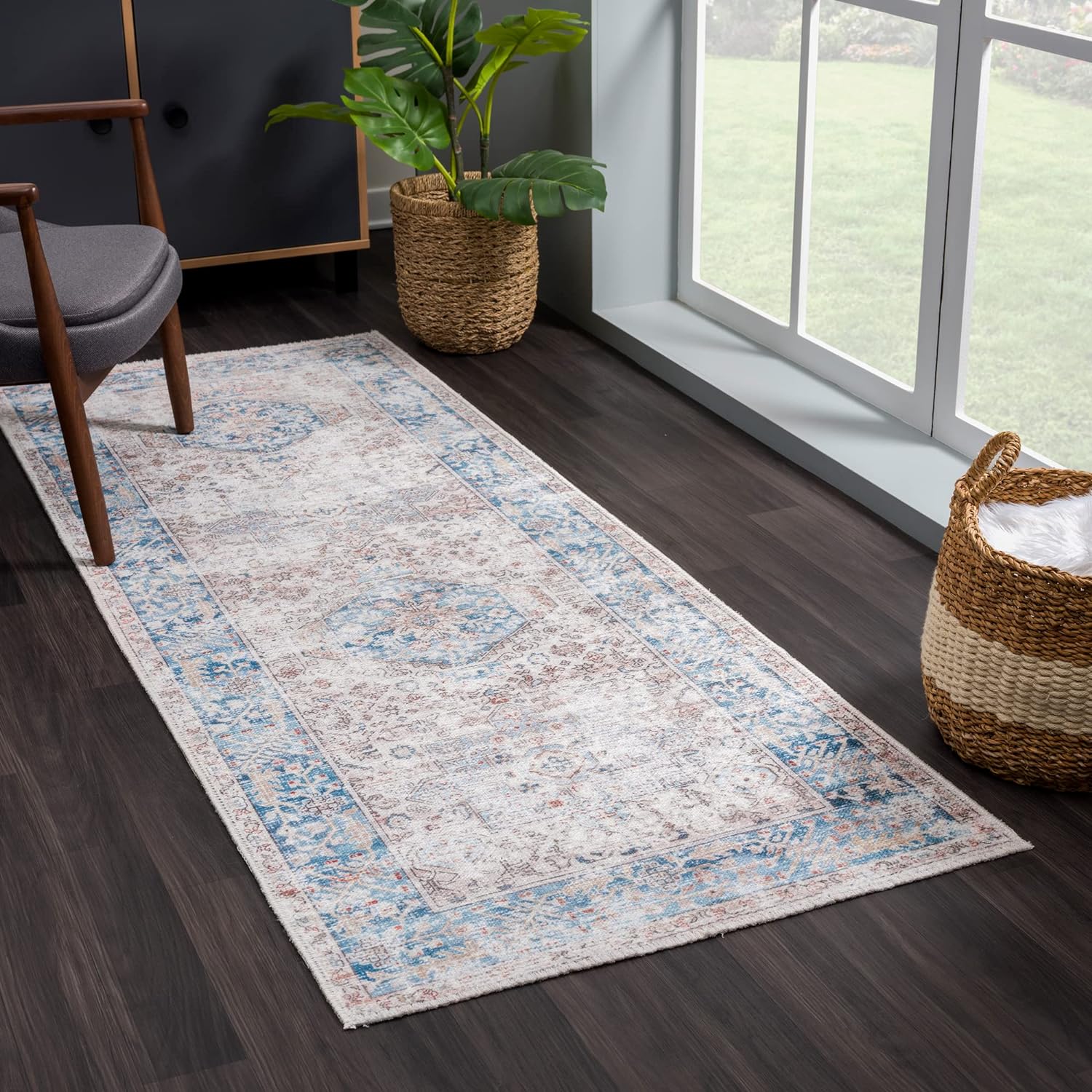 Bloom Rugs – Alfombra caminera Caria lavable, antideslizante, de 3,66 m, color beige y azul océano, para entrada, pasillo, baño y cocina, tamaño