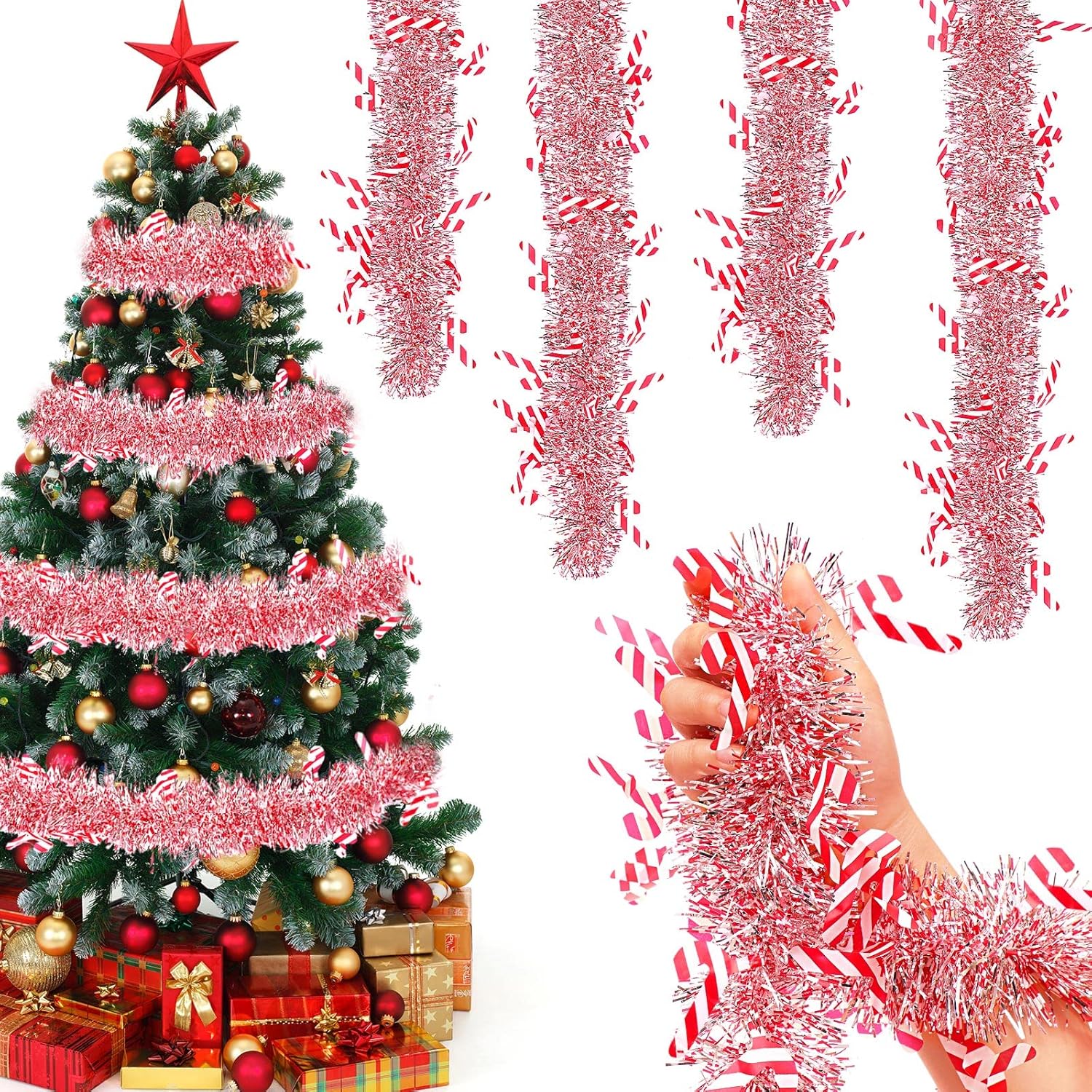 Guirnalda de oropel de Navidad de 40 pies para árbol de Navidad, guirnalda metálica para colgar en interiores y exteriores, suministros de fiesta