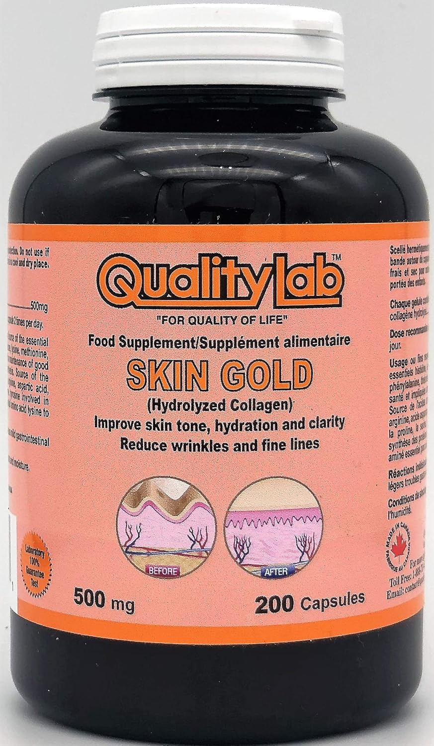Skin Gold Colágeno 500 mg 200 Cápsulas (Hecho en Canadá)