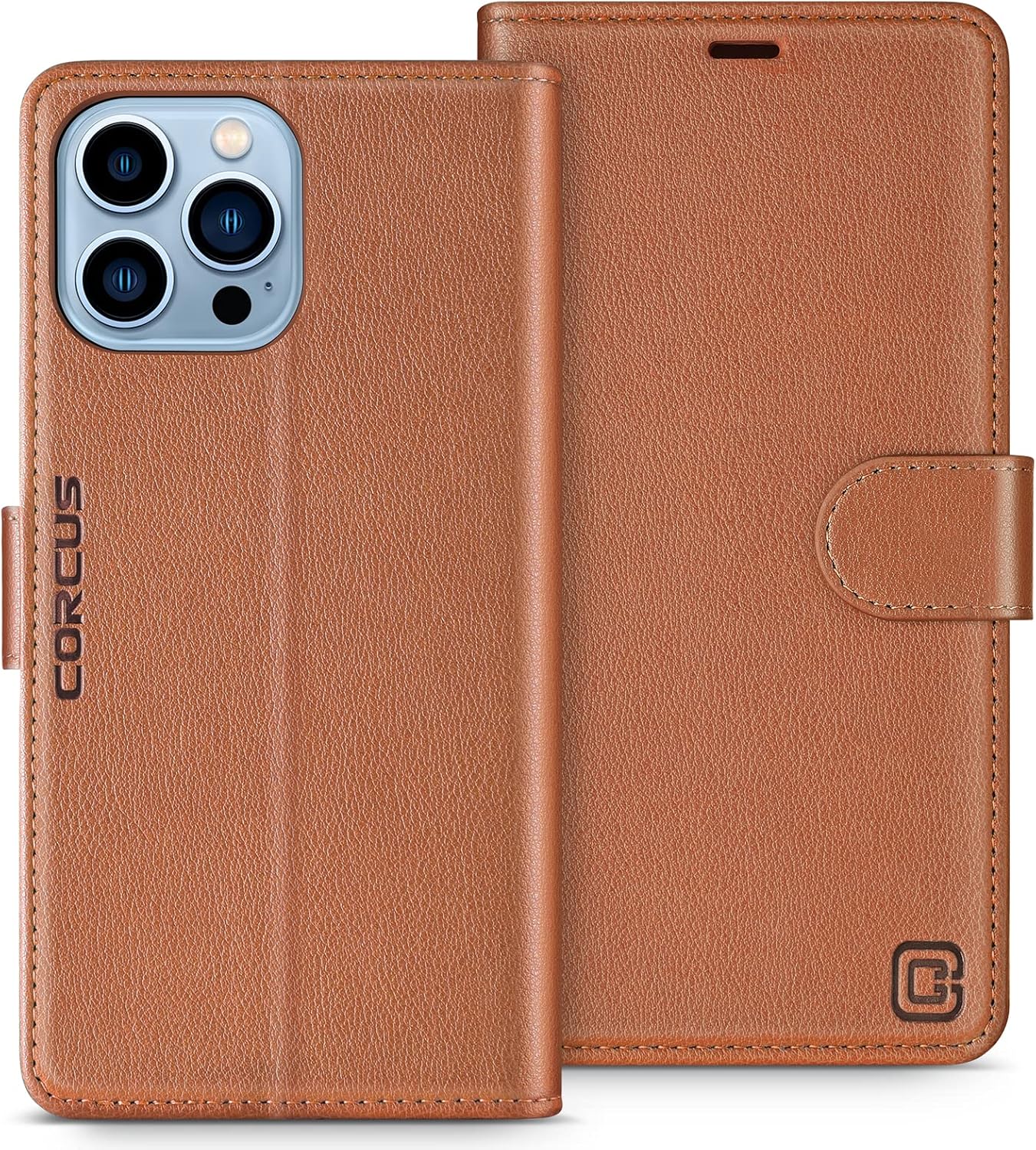 CORCUS Funda tipo cartera para iPhone 13 Pro Max de 6.7 pulgadas, duradera con bloqueo RFID, tarjetero, función atril, cierre magnético, de piel