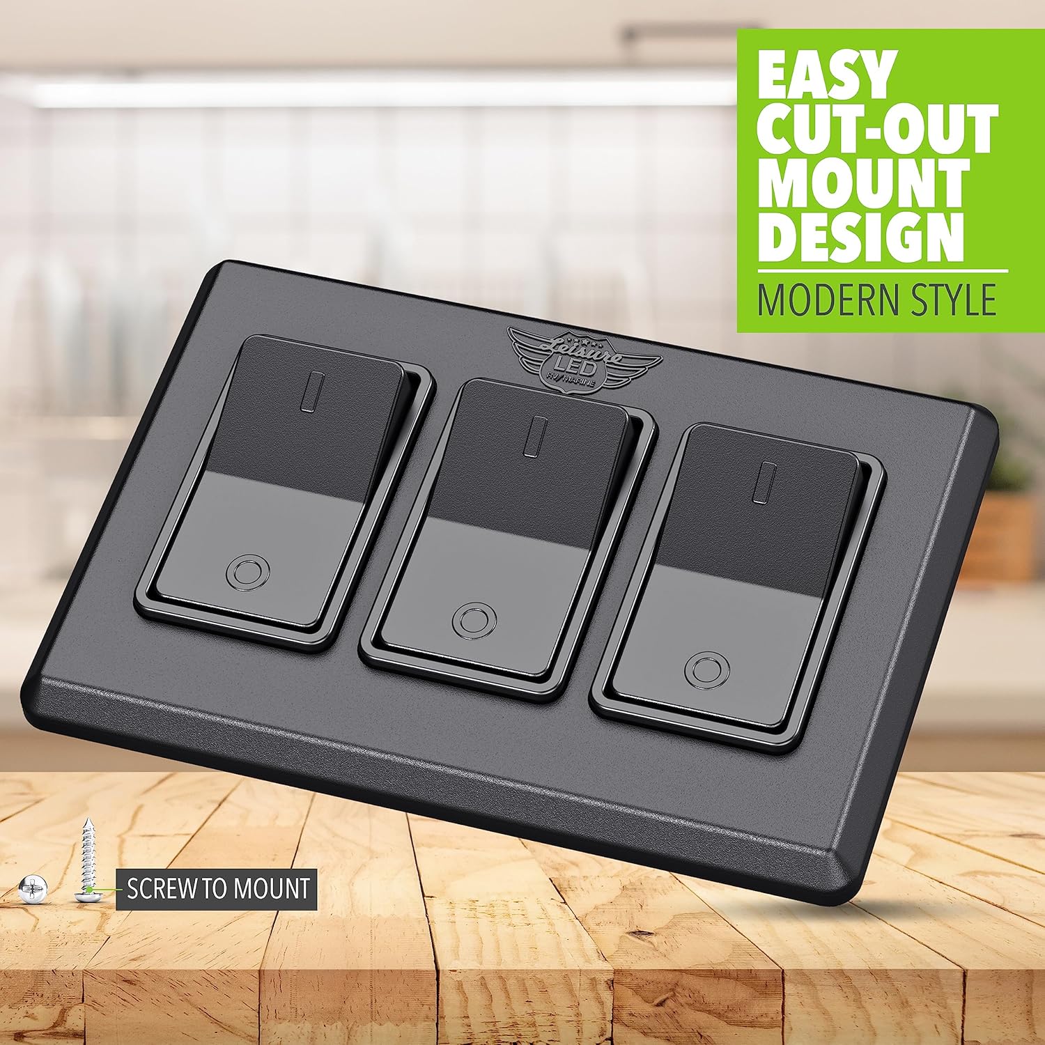 Leisure LED Moderno interruptor de encendido y apagado triple SPST con bisel, 12 voltios, para RV, remolque, cámper, con etiqueta adhesiva (negro)