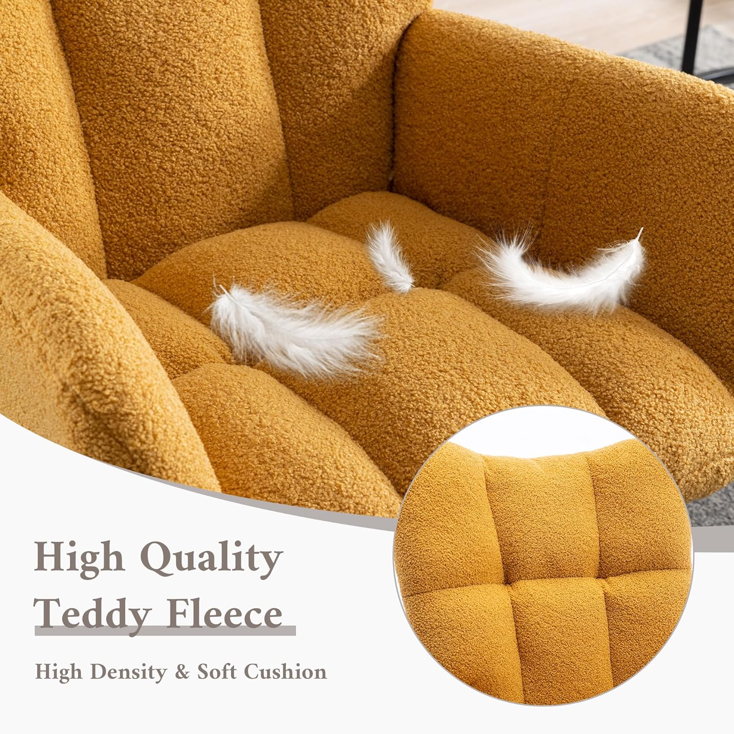 Mecedora moderna para guardería, silla mecedora tapizada de tela de peluche con base de madera maciza, cómodo sillón con respaldo de ala para