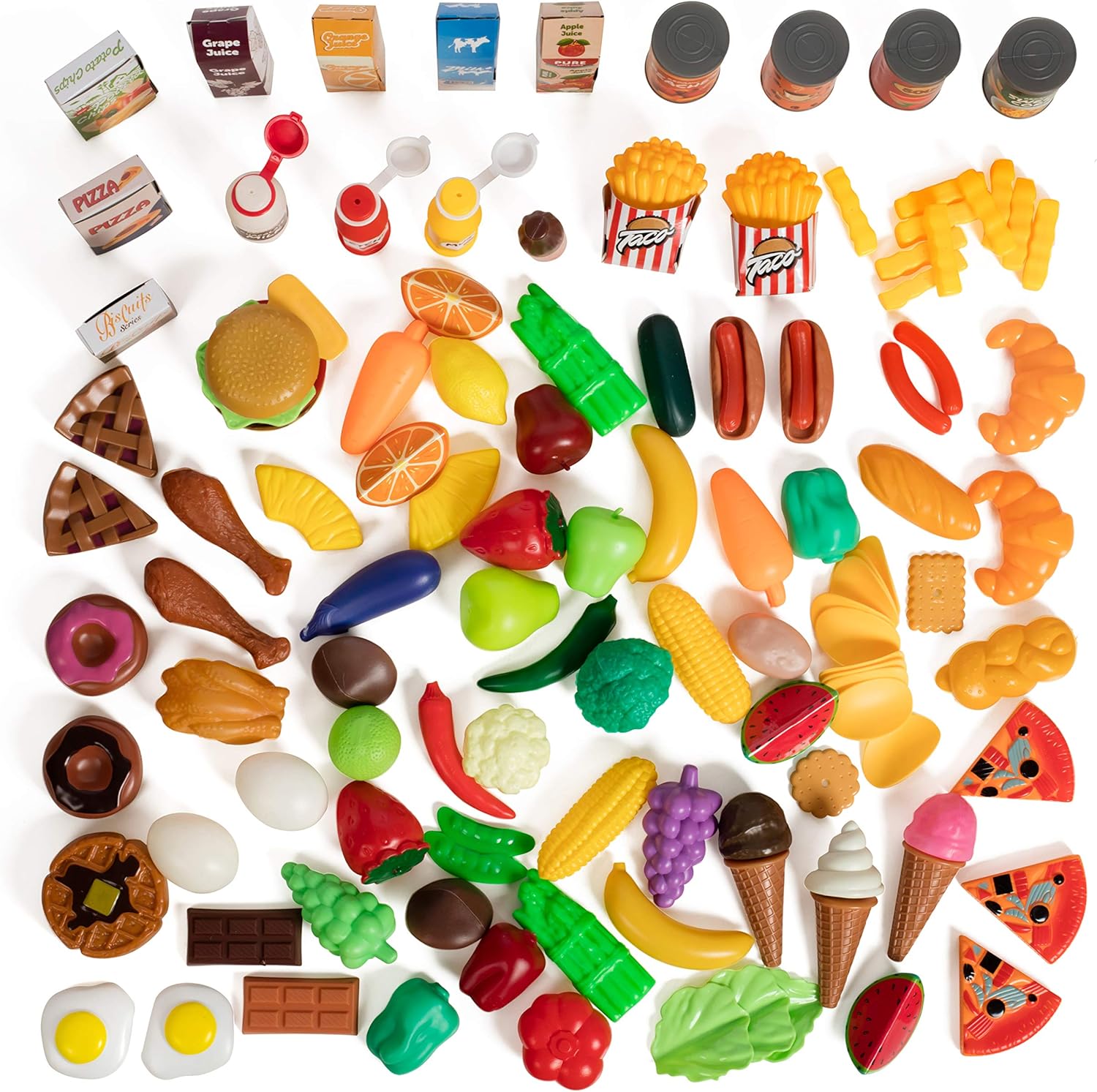 IQ Toys – Juego de lujo de 120 piezas de comestibles, juego piezas de plástico duro de juguete para cocinar, hornear, surtido de comestibles para