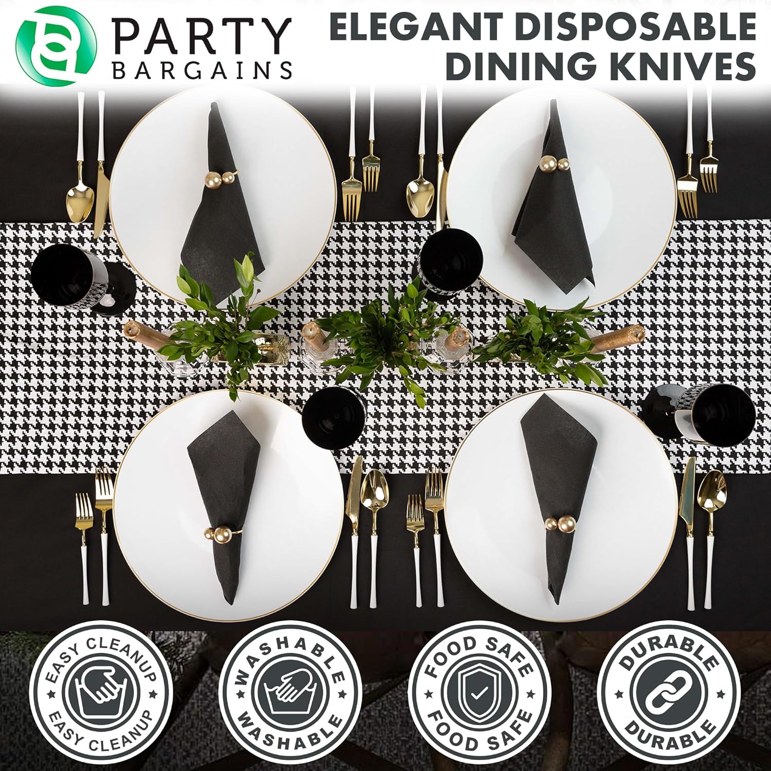 Party Bargains Cuchillos desechables de plástico de oro blanco, utensilios de diseño moderno infinito, paquete de 20