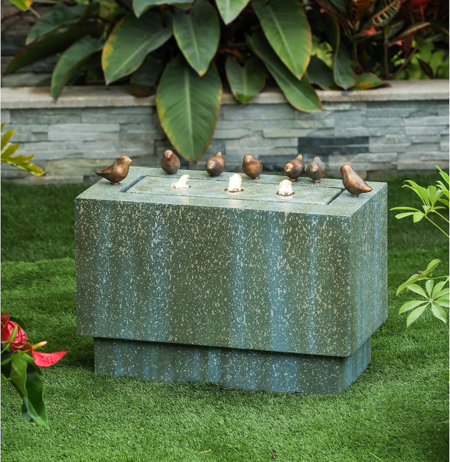LuxenHome – Fuente rectangular de resina de 24 pulgadas, fuente rectangular de piedra y pátina con luces LED, fuente de cascada apilada en el suelo