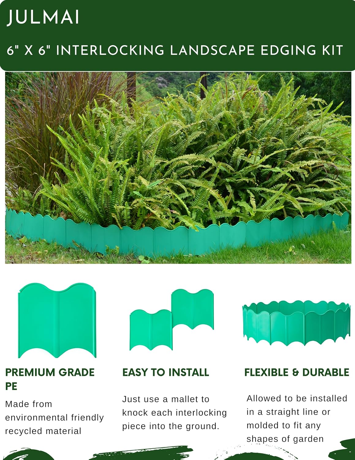JULMAI Borde de jardín, 20 bordes entrelazados de 6 x 6 pulgadas, borde de plástico para valla de jardín, flexible sin excavación para paisajismo,