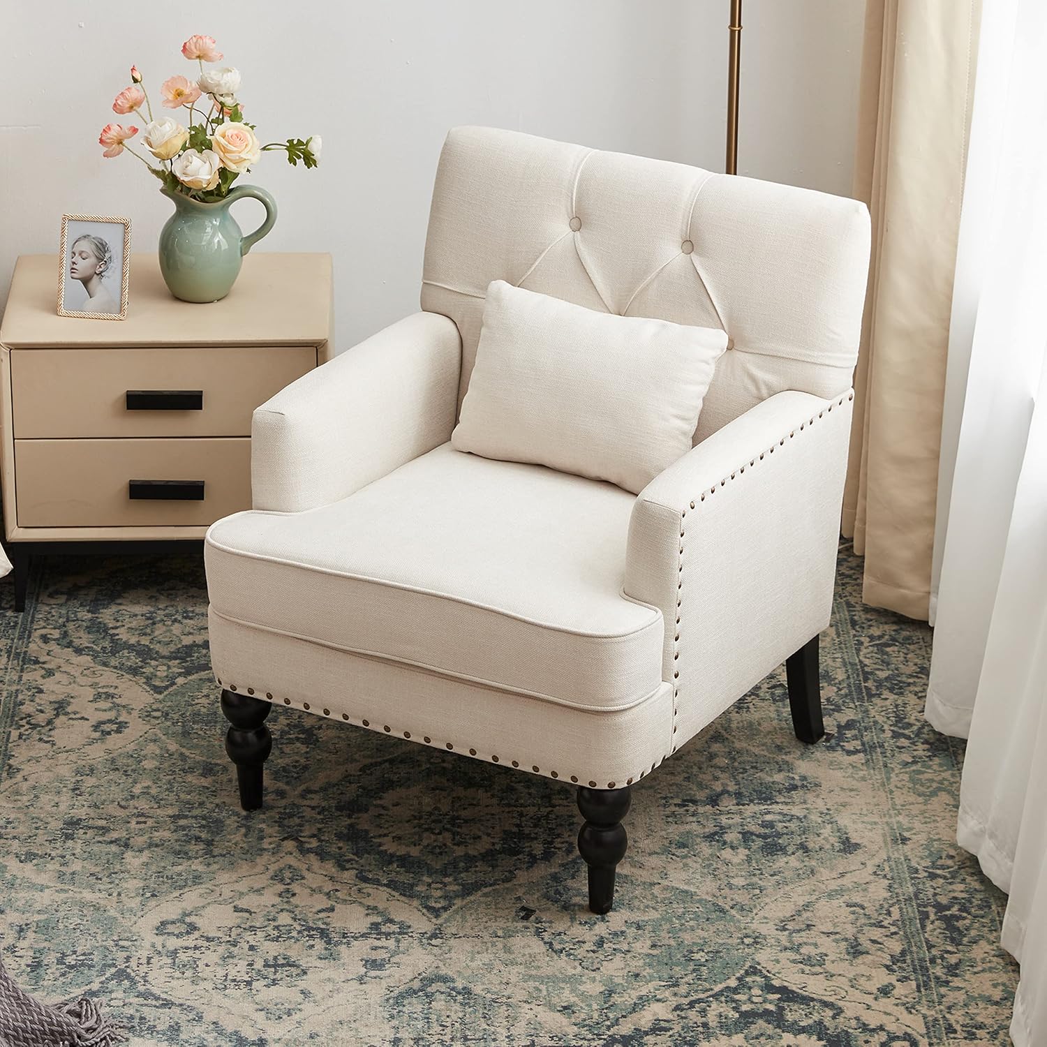 HUIMO Silla de club copetuda, silla decorativa con almohada lumbar, sillón tapizado con botones, sillas de tela de lino para dormitorio, sala de
