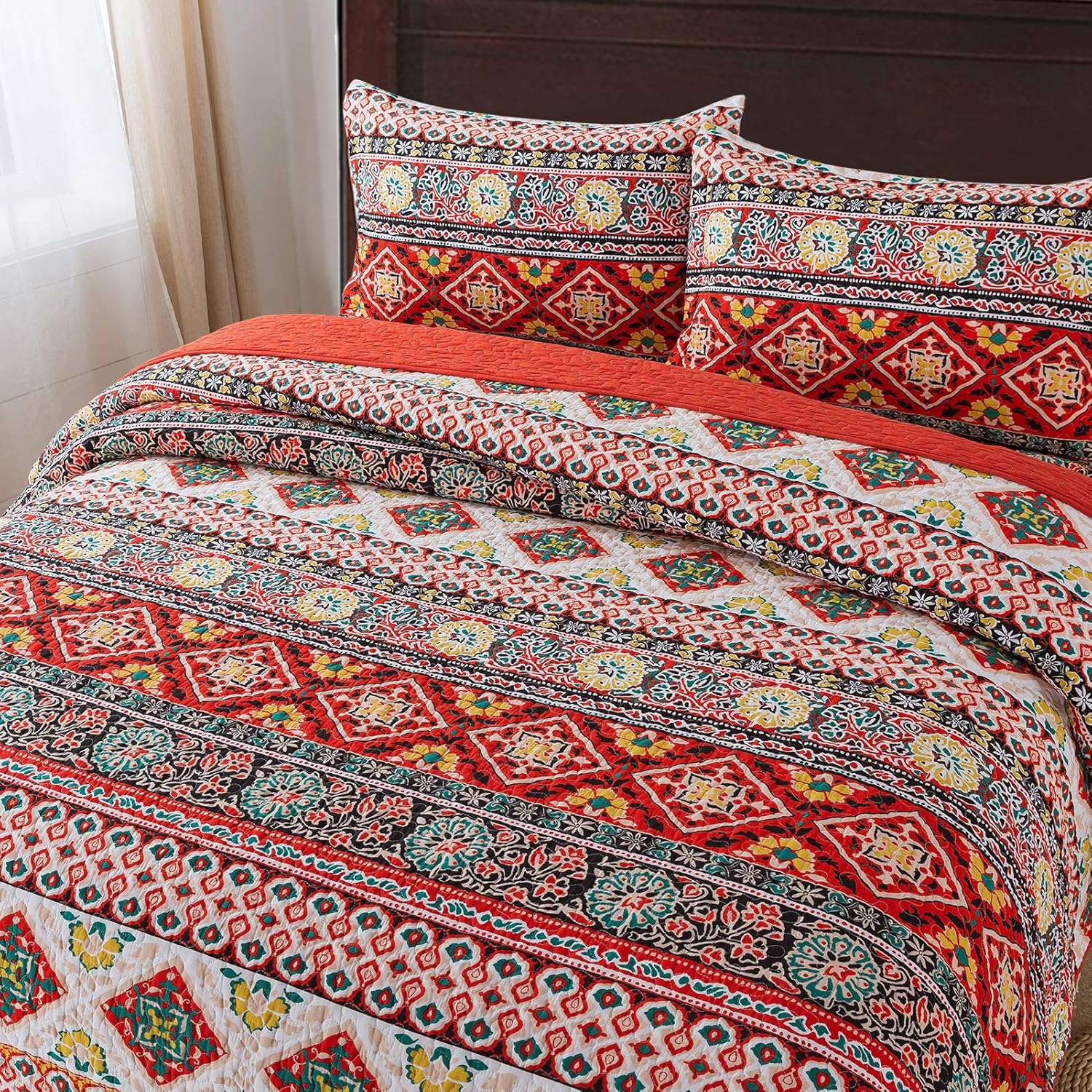 NEWLAKE – Juego de edredón de algodón, juego de cubrecama reversible con diseño de mosaico, patrón bohemio europeo a rayas, tamaño queen