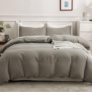 Funda de edredón de algodón tamaño individual, 100% algodón, tejido de gofre, color gris, tamaño individual, suave y transpirable, juego de funda de Funda de edredón de algodón tamaño individual, 100% algodón, tejido de gofre, color gris, tamaño individual, suave y transpirable, juego de funda de