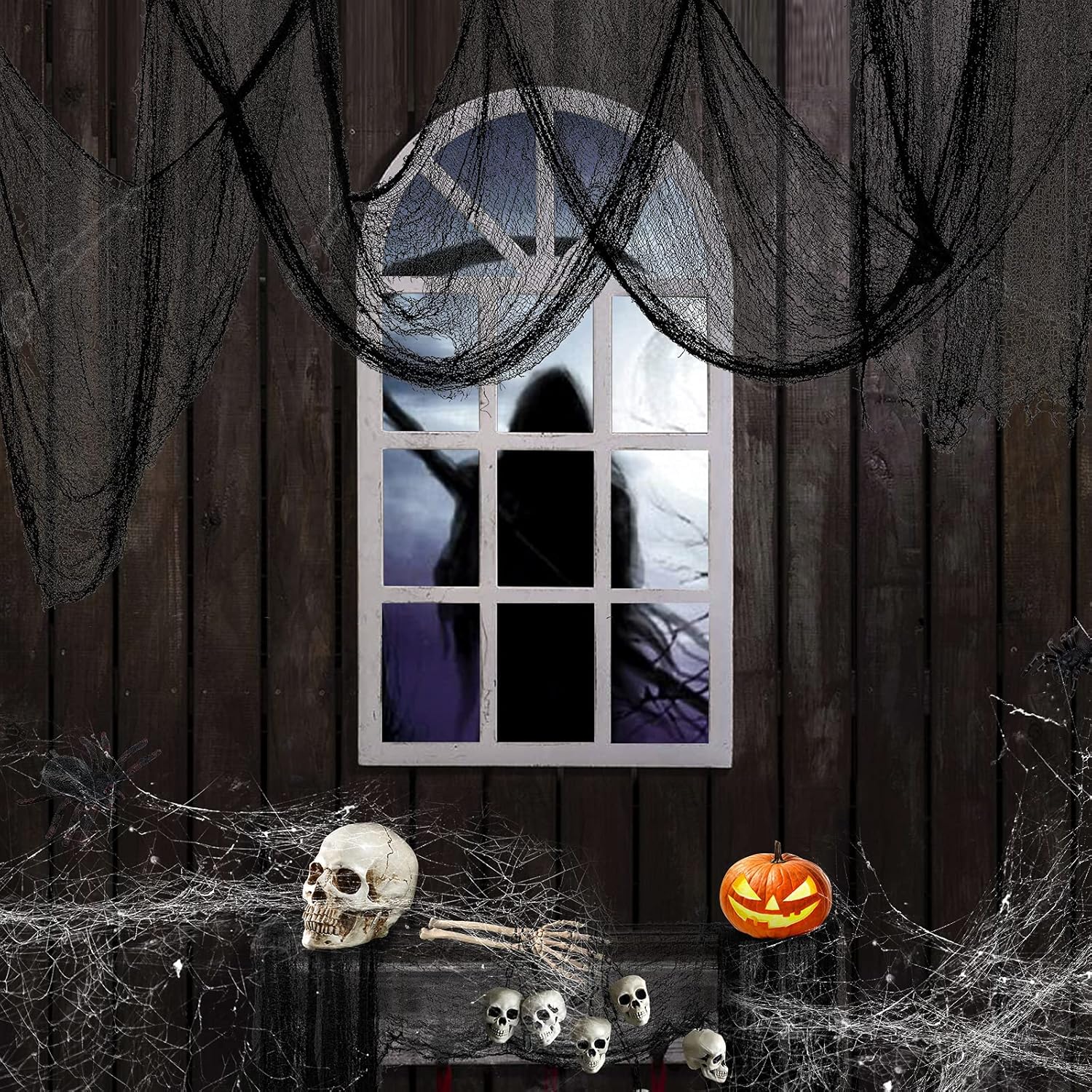 FestiCorp Juego de tela espeluznante negra 3 en 1 de Halloween, 6 piezas de 30 x 72 pulgadas, paños de queso con arañas y murciélagos, red de