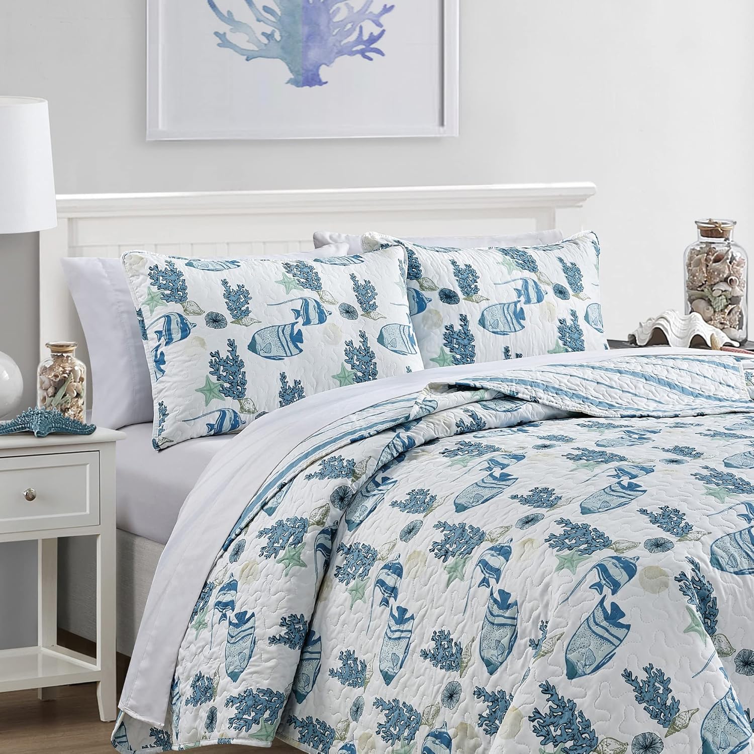 Market & Place Juego de edredón costero de 3 piezas tamaño matrimonialqueen con fundas  Colcha ligera reversible de verano  Ropa de cama temática de