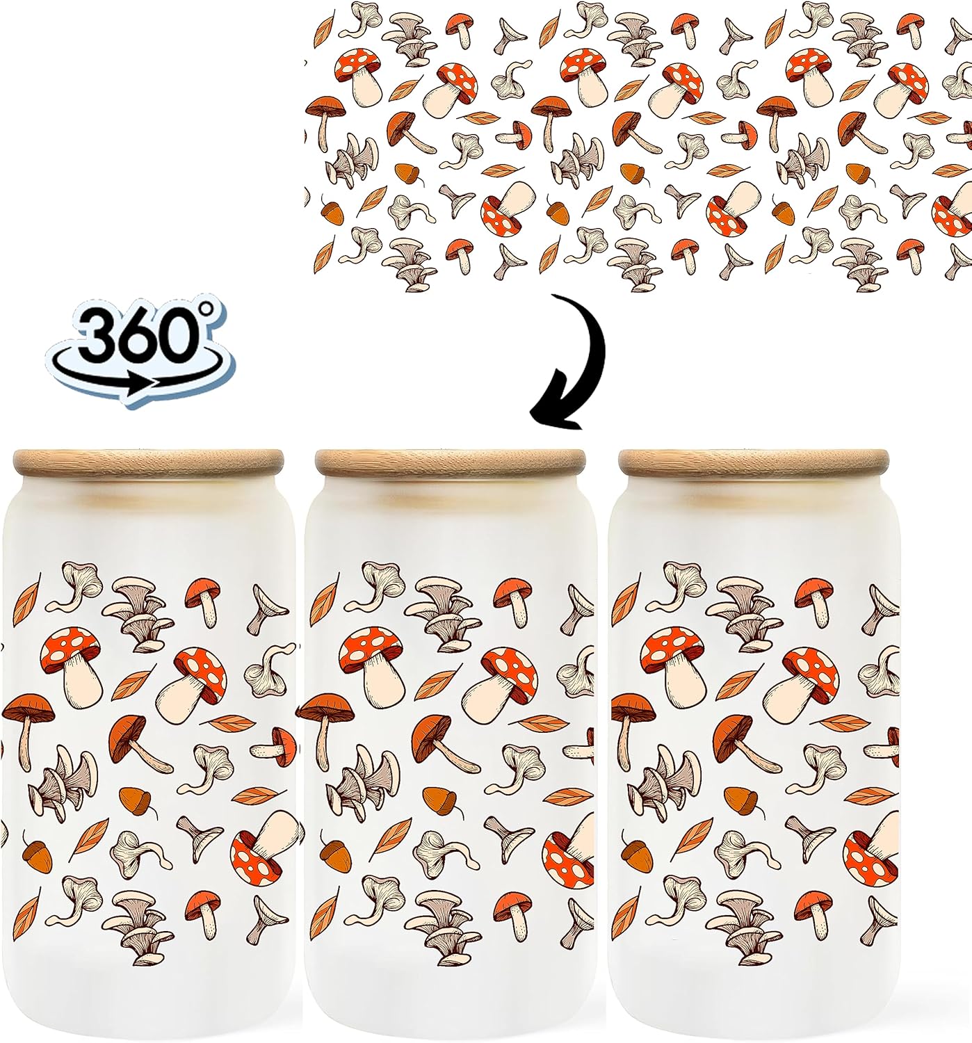 Heulinwen Taza de vidrio retro de hongos con hojas de otoño, lata de café helado de 16 onzas con tapa de bambú y pajita, taza de té de vidrio con