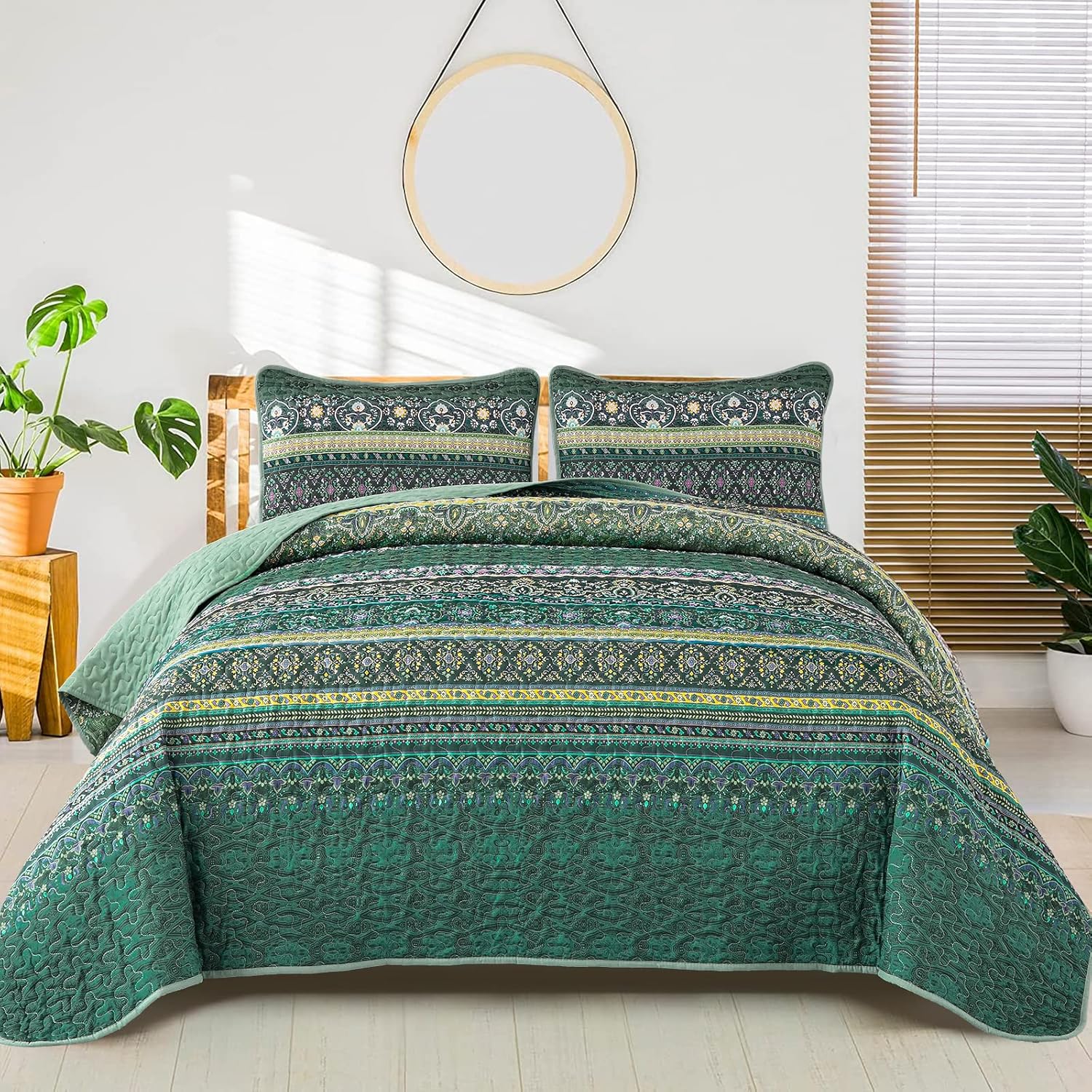 WONGS BEDDING Colcha bohemia tamaño King, edredón bohemio verde King, colcha de microfibra ligera para decoración de cama para todas las estaciones,