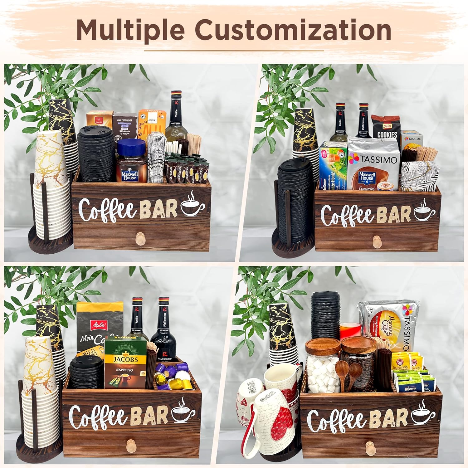 Organizador de estación de café para encimera, organizador de madera para barra de café, cesta de almacenamiento con cajón, organizador de