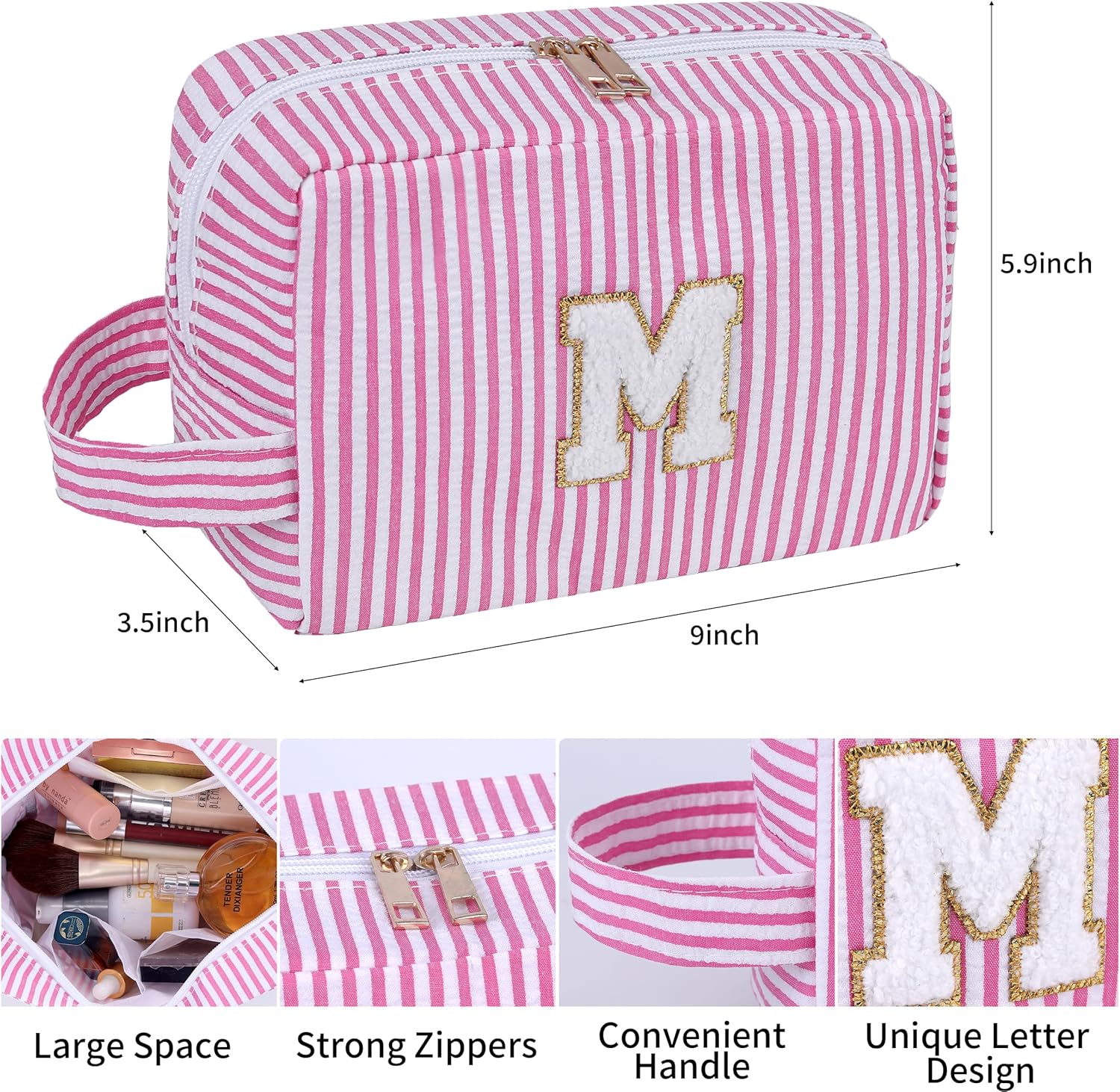 Bolsa de maquillaje con parche de letras, bolsa de viaje para cosméticos, bolsa de preparación con trébol de piedra, con inicial, neceser con