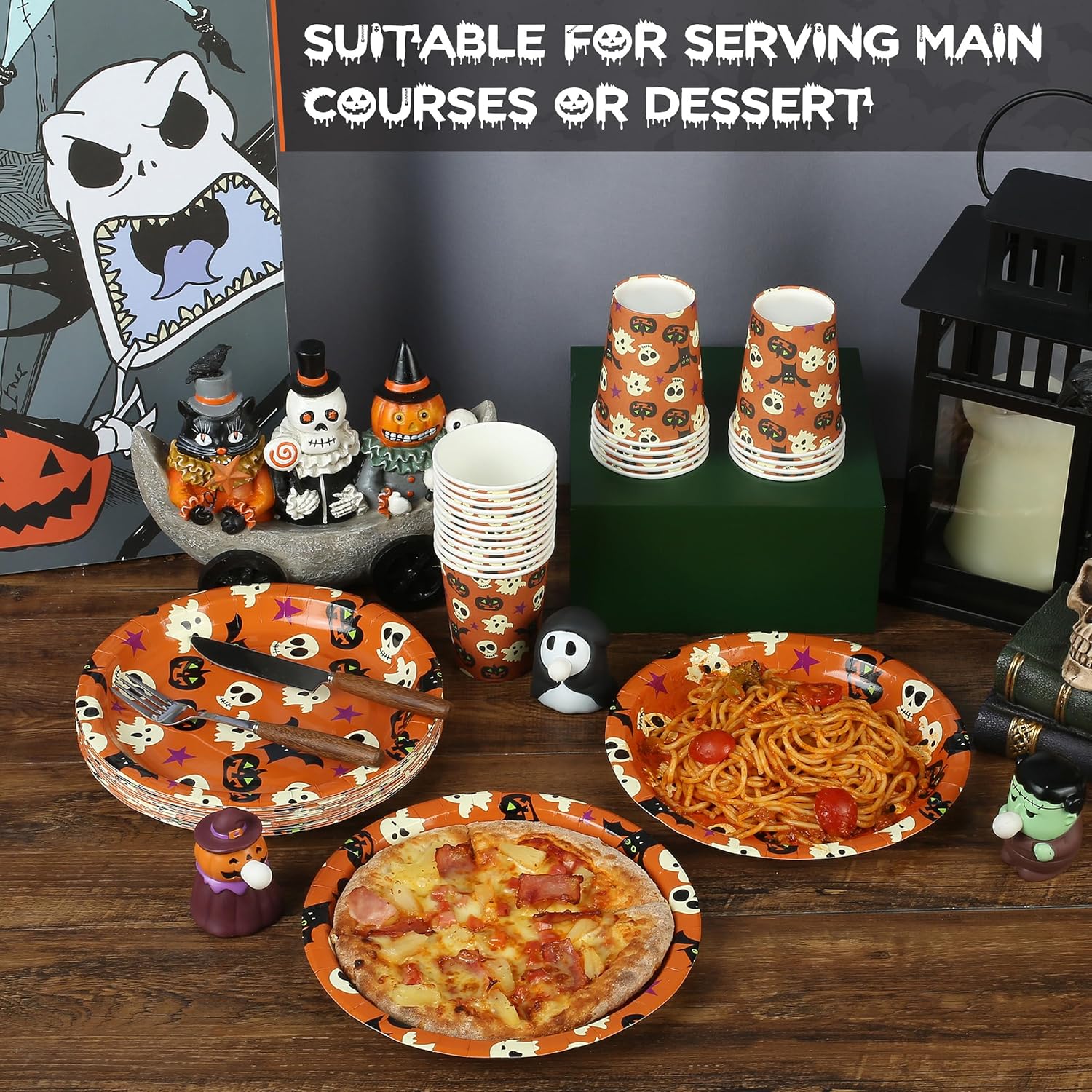Mr. Pen – Juego de platos y tazas de Halloween, 48 piezas, tazas y platos de Halloween, platos y tazas de fiesta de Halloween, vajilla de Halloween,