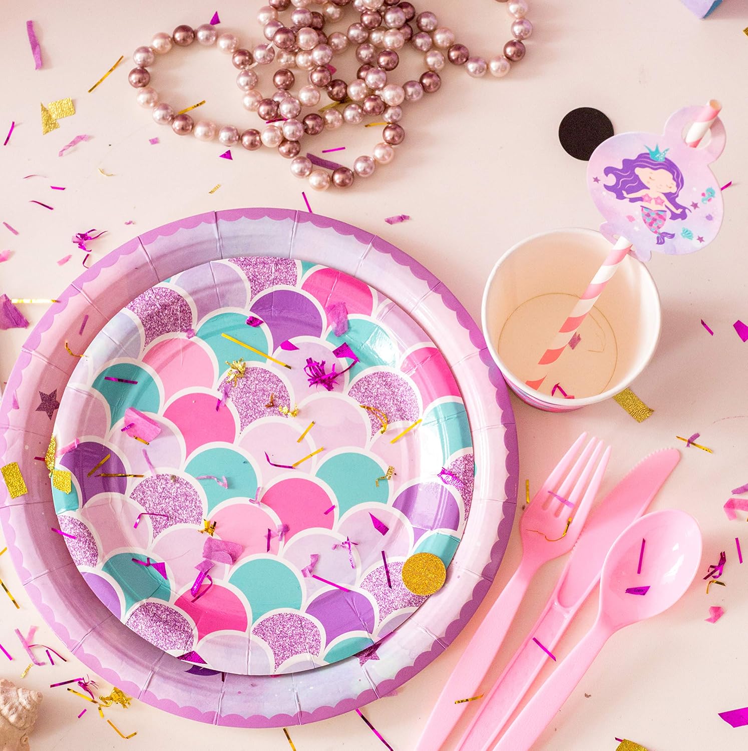 Platos y tazas de sirena y servilletas para 16 invitados  16 platos de papel grandes, platos pequeños, vasos, servilletas  Decoraciones de