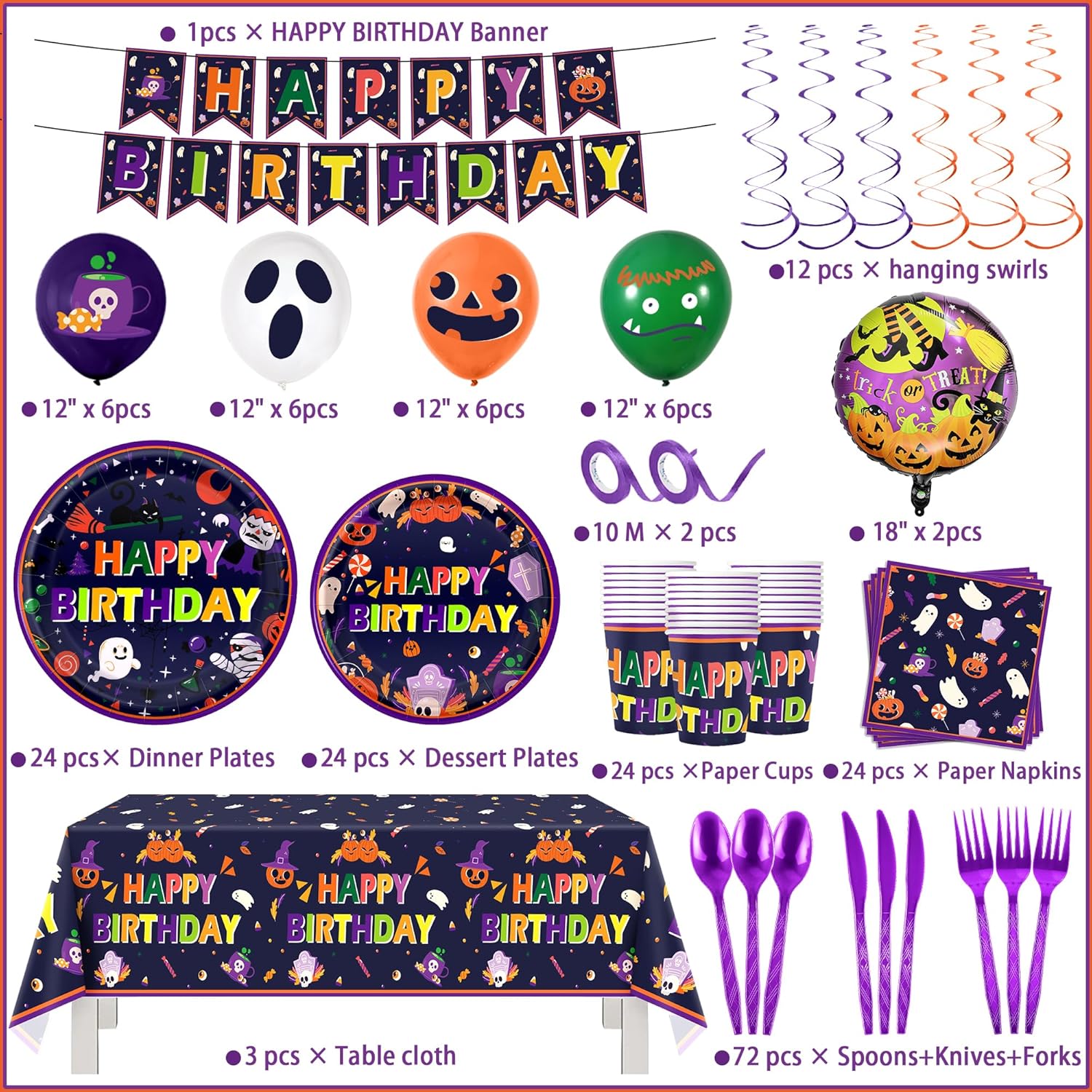 Juego de 202 piezas de vajilla desechable para fiesta de cumpleaños de Halloween, color morado, para 24 platos de calabaza, tazas, manteles de