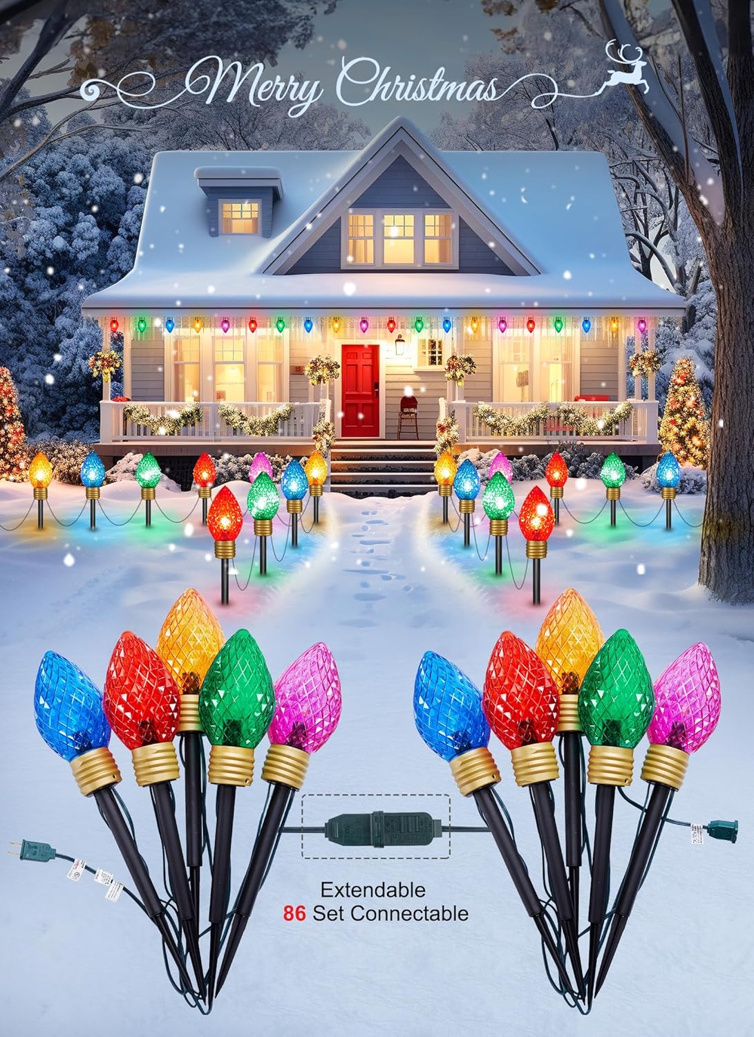 Strawberry Jumbo C9 – Luces de camino de Navidad para exteriores, 8.5 pies, 5 luces LED Jumbo C9, bombilla multicolor gigante, luces de Navidad para
