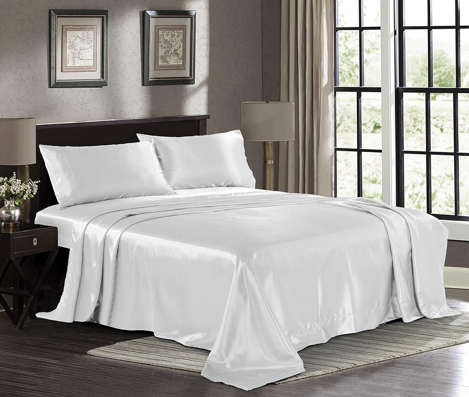 Lujoso juego de sábanas 100% satinadas, ropa de cama sedosa que se ajusta a bolsillos de hasta 12 a 14 pulgadas de profundidad, tamaño Emperor King,