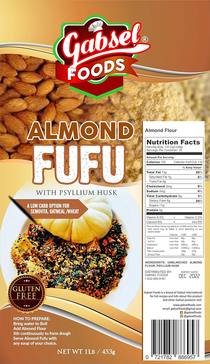Almendra Fufu Peso Neto 15.98 oz, Sin Gluten, Harina de Almendra, Cáscara de Psyllium