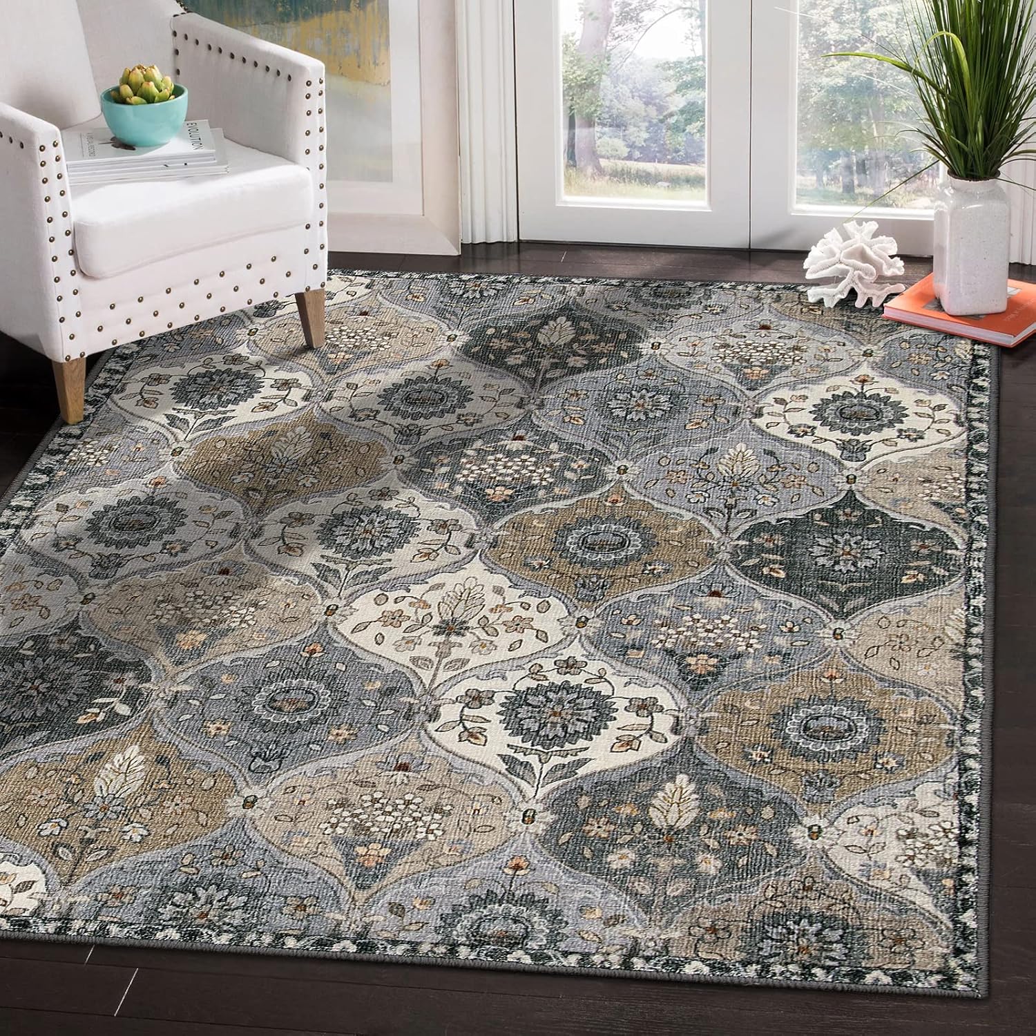 Lahome Alfombra marroquí lavable a máquina de 4 x 6 pies, antideslizante, vintage, enrejado, ultrafina, envejecida, grande, para comedor, oficina (4