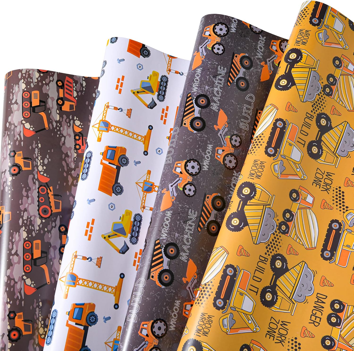 Sikiweiter Papel de regalo de construcción, 12 hojas de papel de regalo de construcción para cumpleaños con camiones, 19.7 x 27.6 pulgadas por hoja